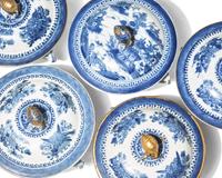 A Group of Six Chinese Export Porcelain Blue Fitzhugh Double-Handled Bowls with Five Covers