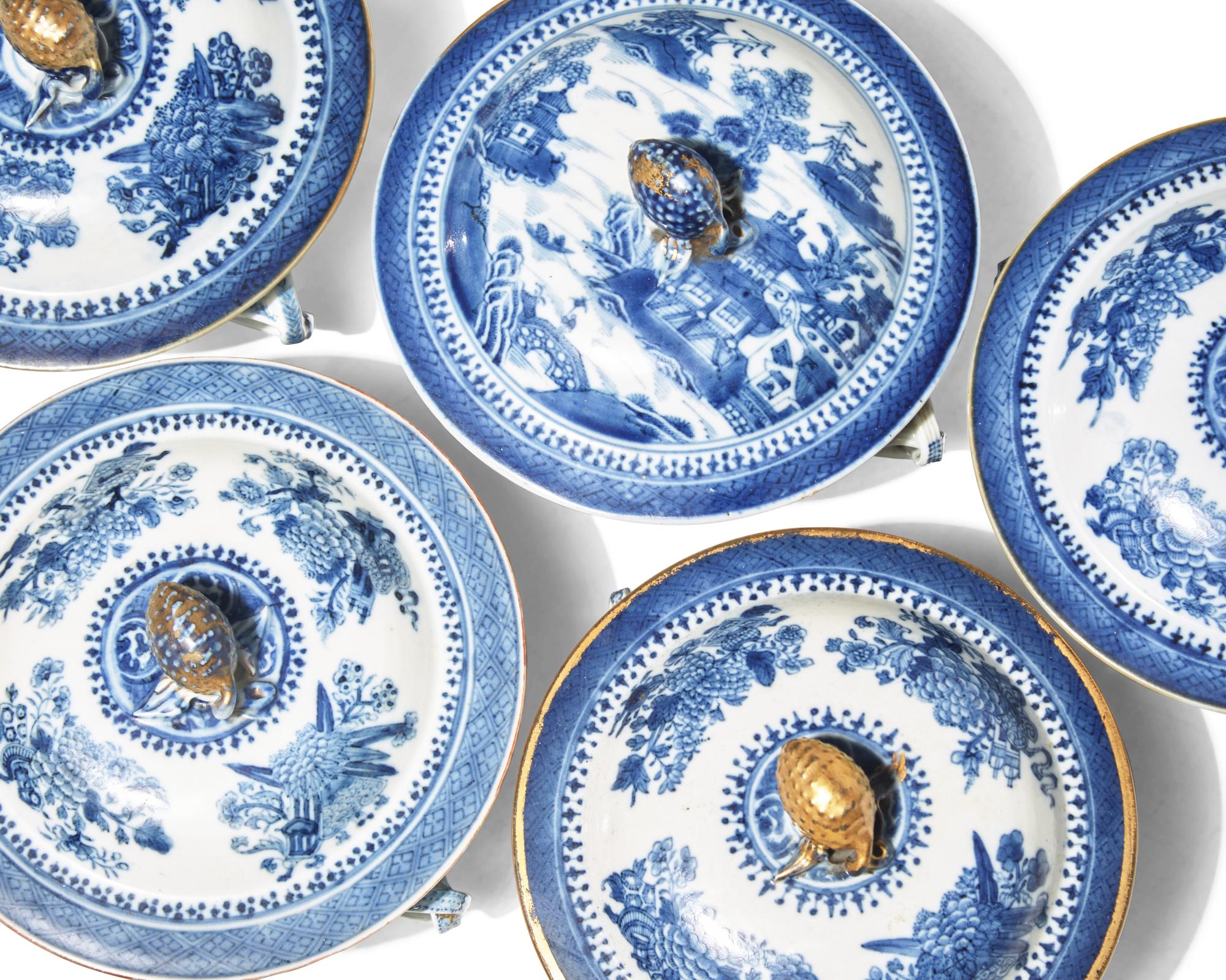 A Group of Six Chinese Export Porcelain Blue Fitzhugh Double-Handled Bowls with Five Covers