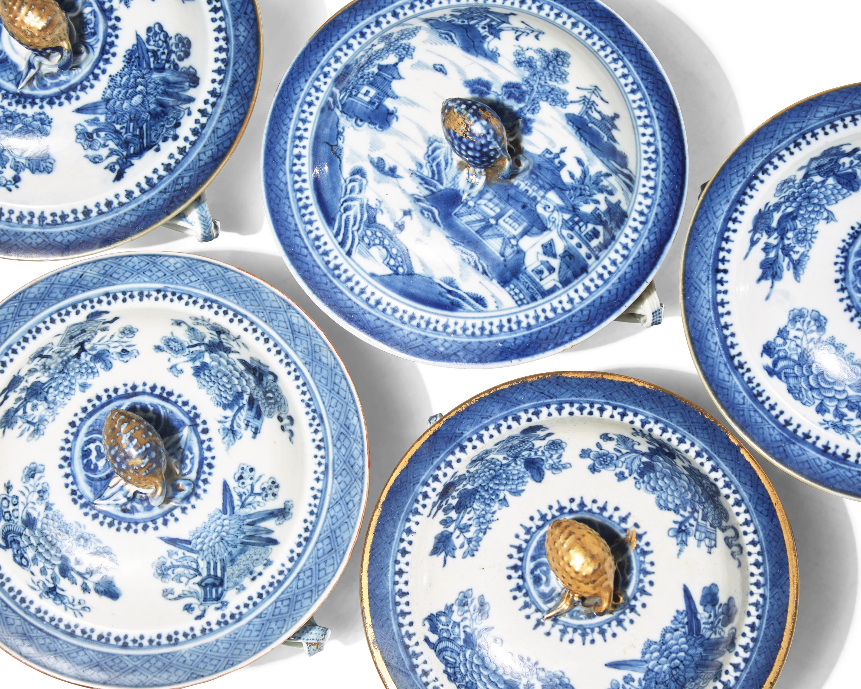 A Group of Six Chinese Export Porcelain Blue Fitzhugh Double-Handled Bowls with Five Covers
