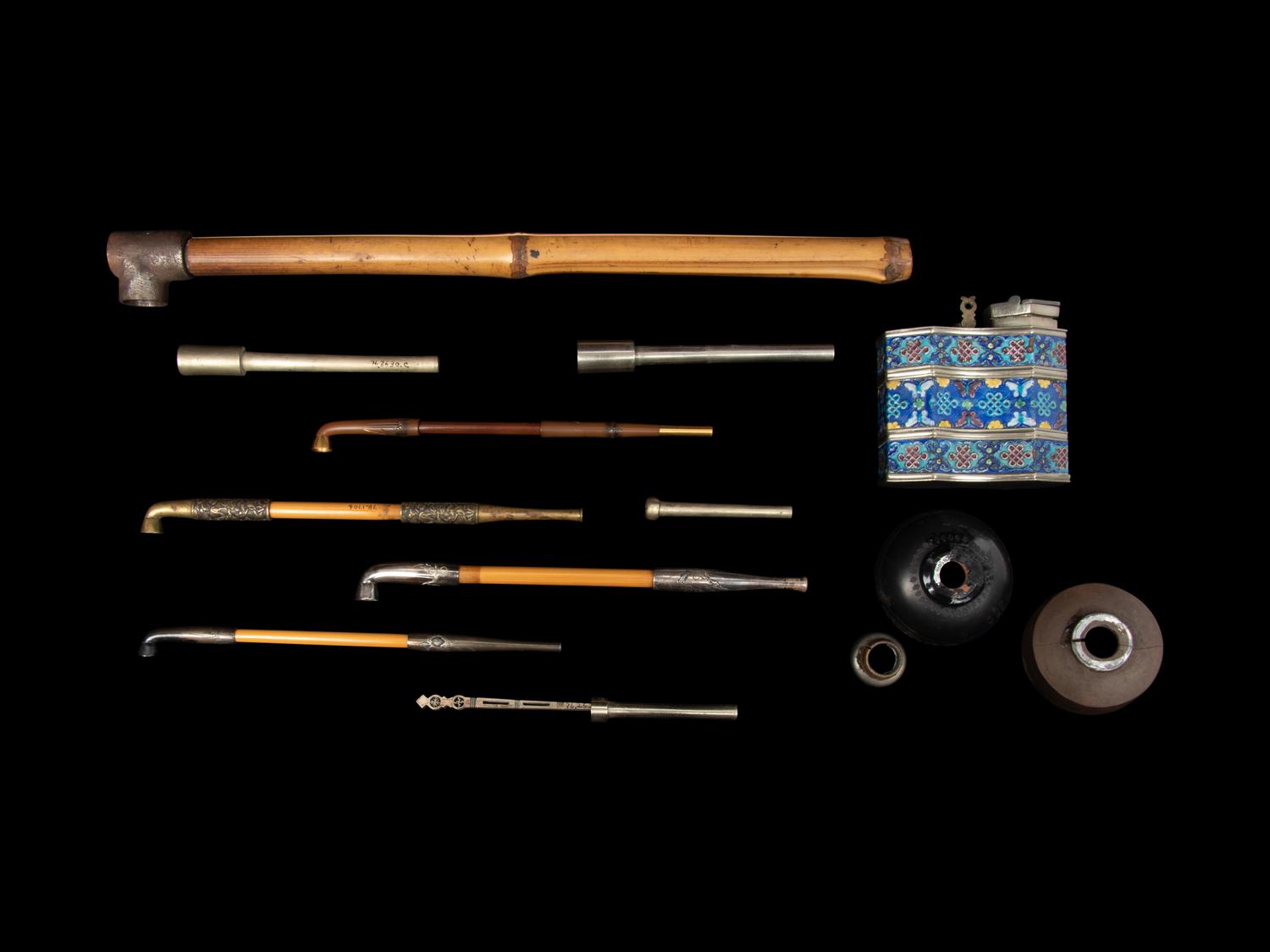 Five Chinese and Japanese Metal Mounted Bamboo Smoking Pipes