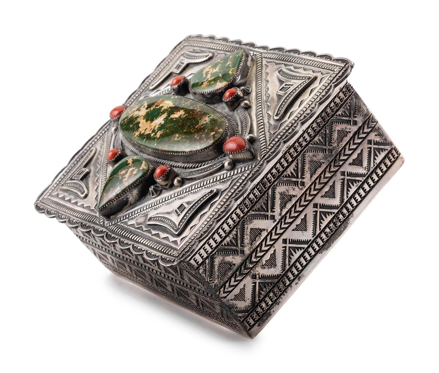 Heavily Stamped Sterling Silver Lidded Box, with Turquoise and Coral Inlay