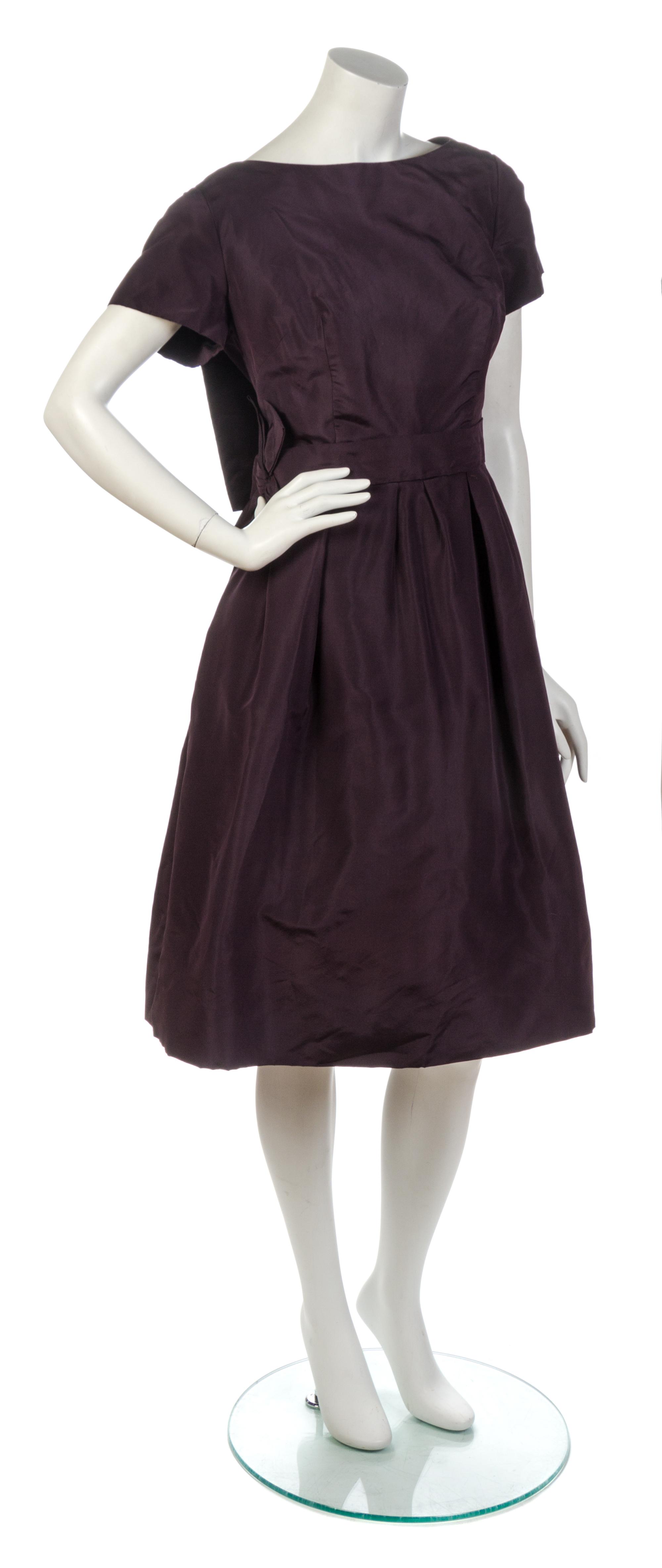 A Christian Dior Plum Peau De Soie Cocktail Dress Ensemble,