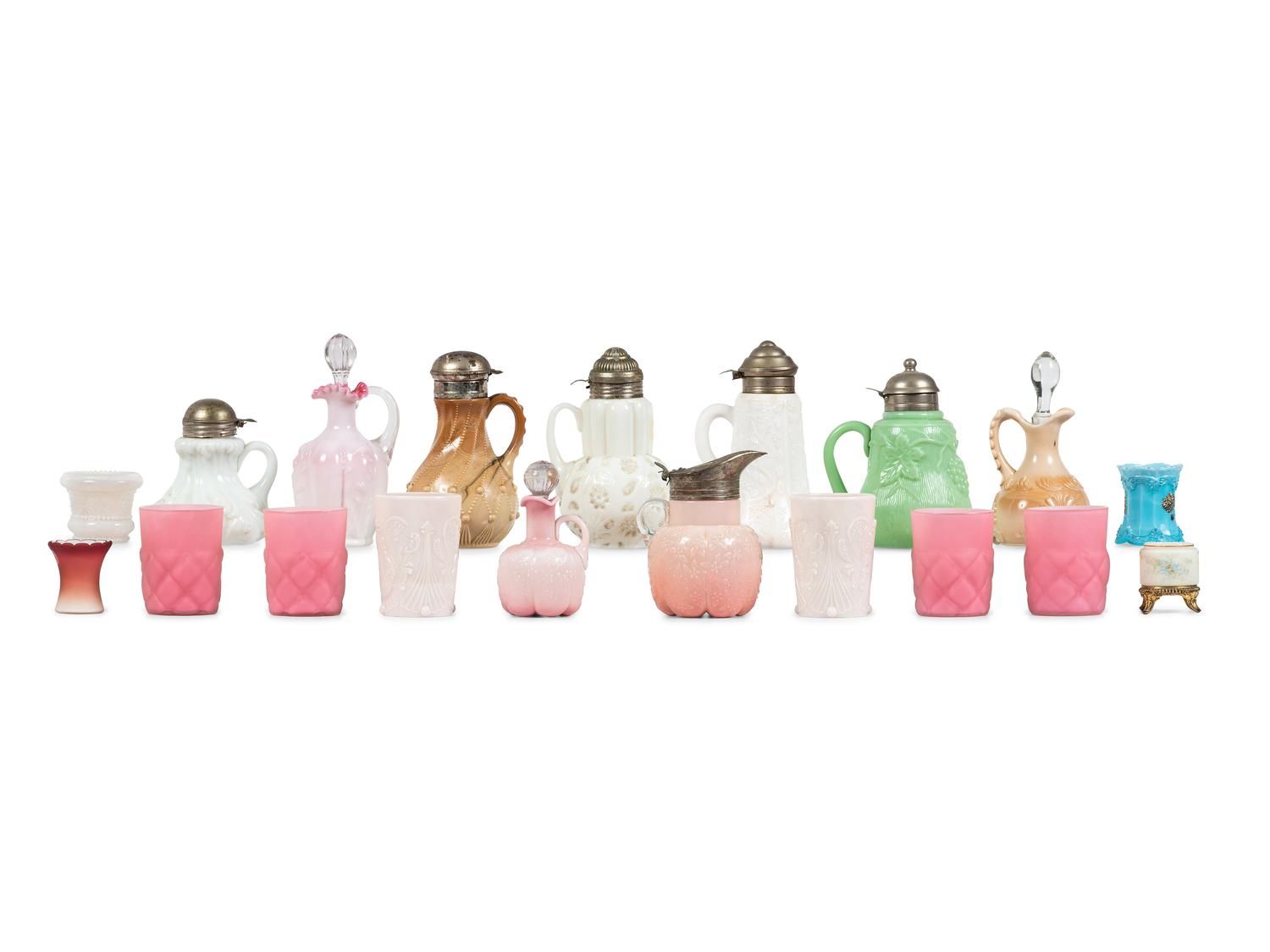 Nineteen Molded Glass Syrups, Cruets, Tumblers and Toothpick Holders