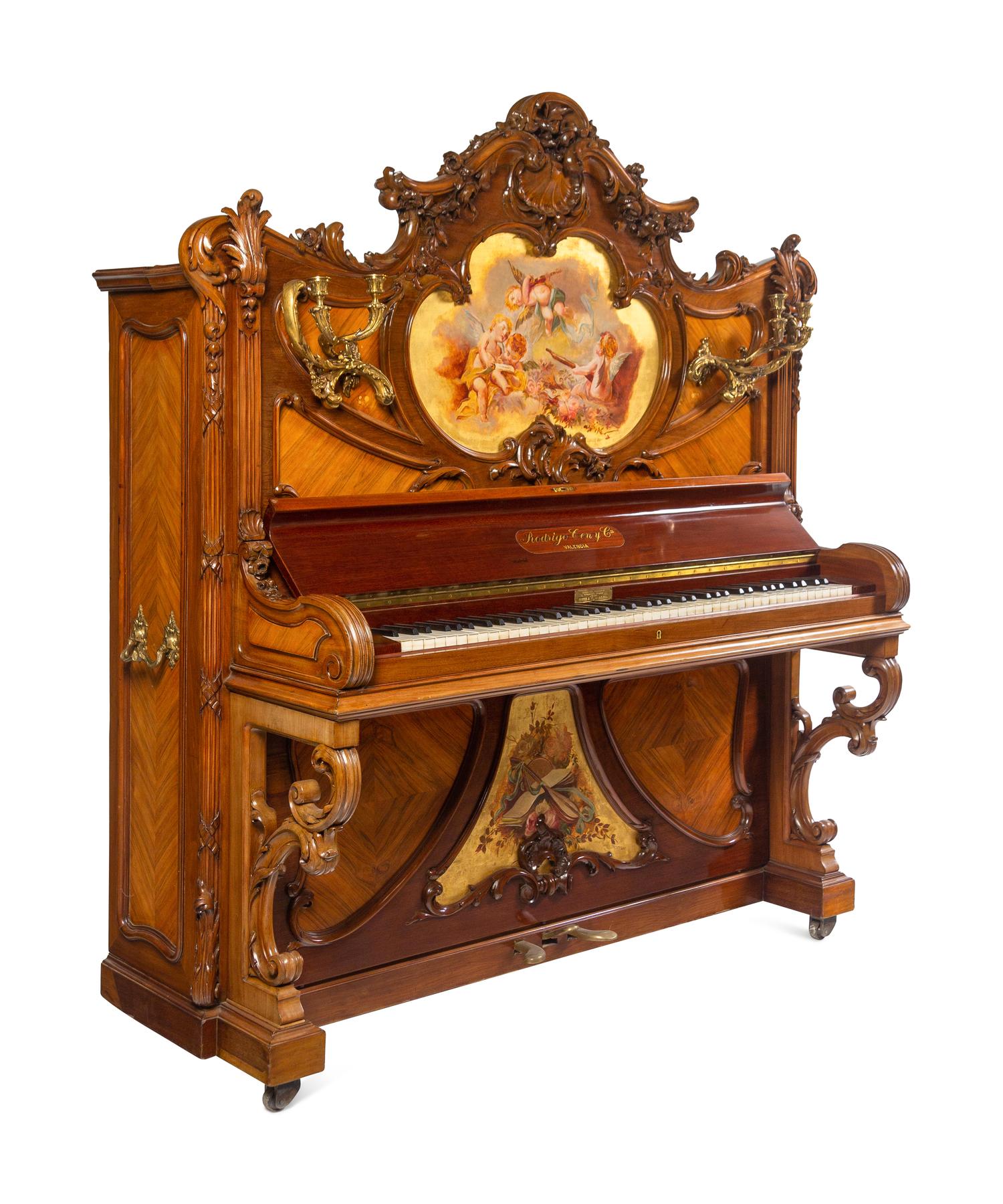 A Louis XV Style Gilt Bronze Mounted Carved Walnut, Kingwood and Vernis Martin Upright Piano