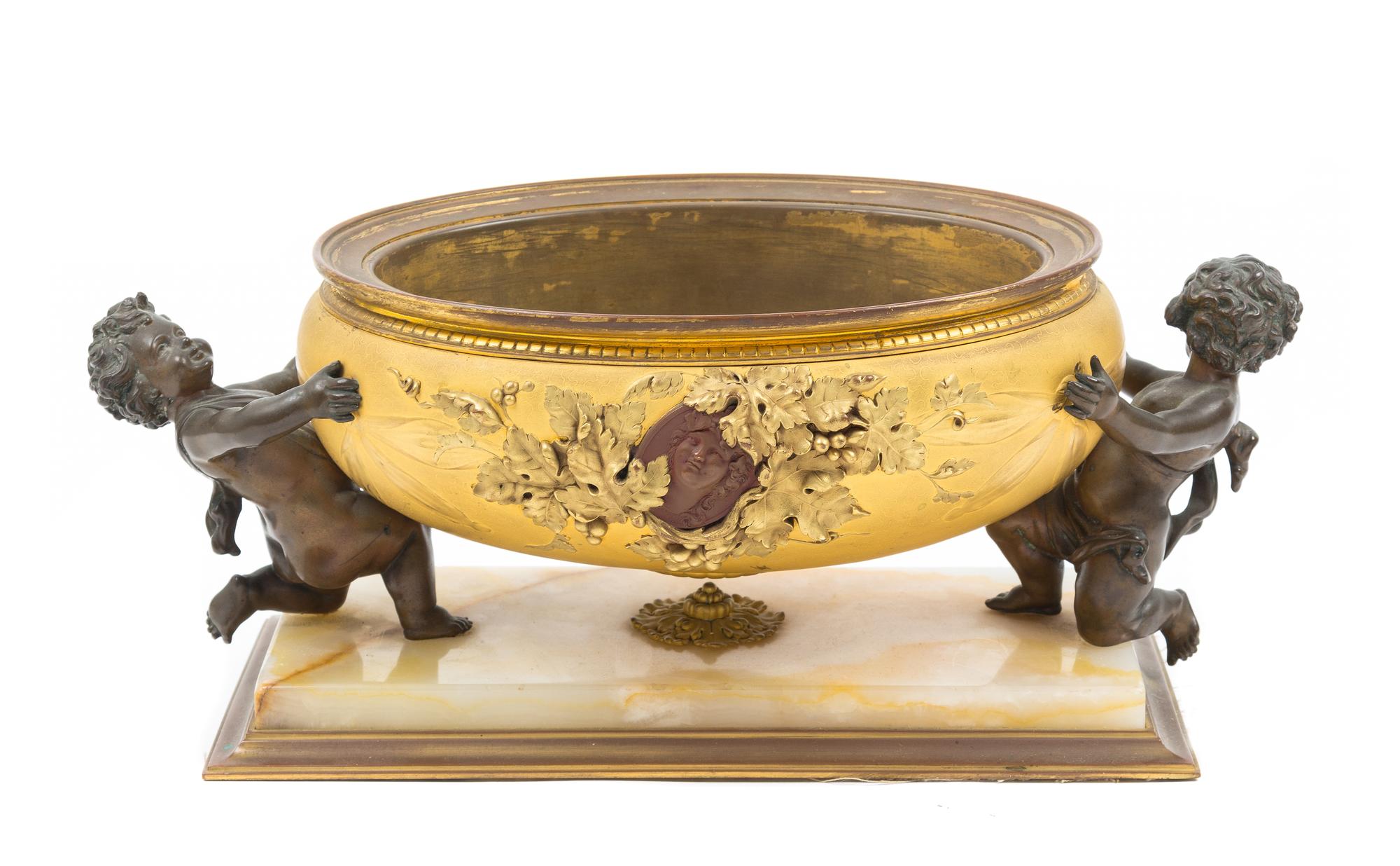 A Continental Gilt and Patinated Bronze and Onyx Jardiniere Height 5 7/8 x width 14 1/2 inches. — LATE 19TH CENTURY