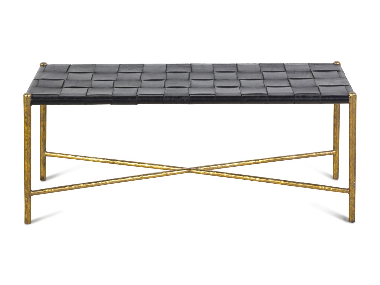 A Contemporary Gilt Metal and Woven Leather Bench