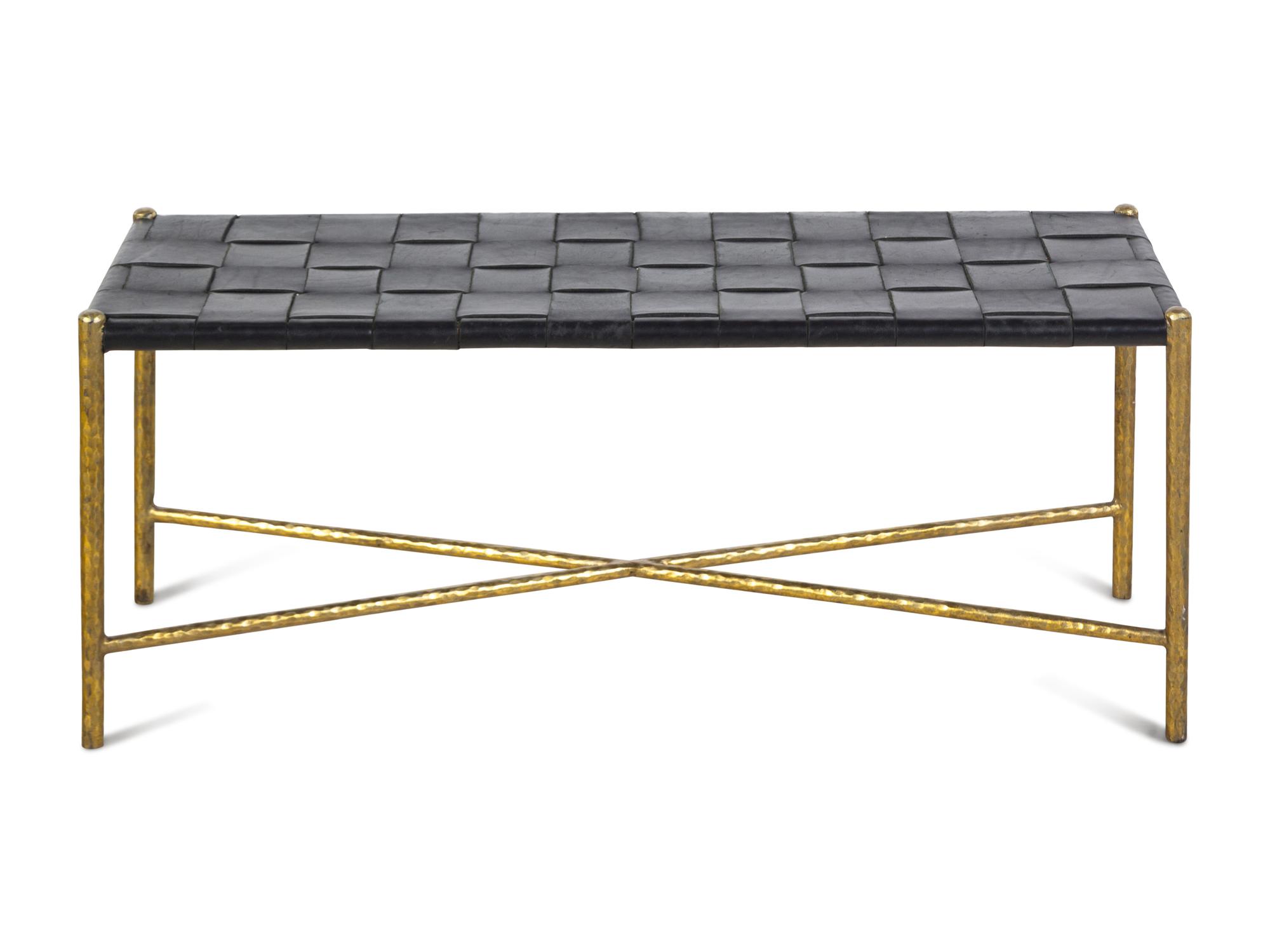 A Contemporary Gilt Metal and Woven Leather Bench