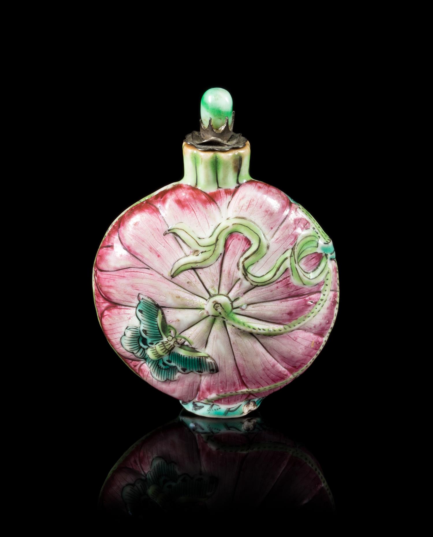 A Famille Rose Porcelain 'Lotus' Snuff Bottle Height 3 1/8 inches. — 19TH CENTURY
