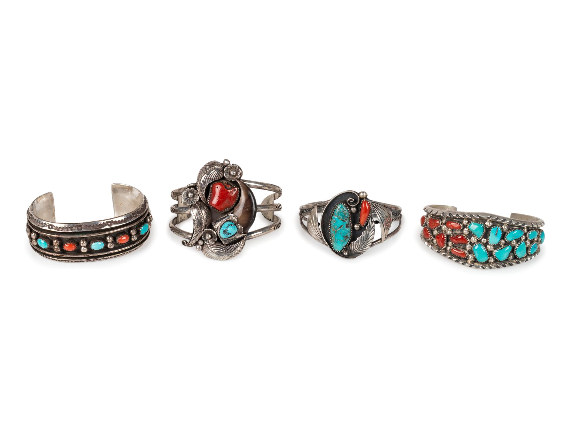 Navajo and Zuni Silver, Turquoise, and Coral Cuff Bracelets
