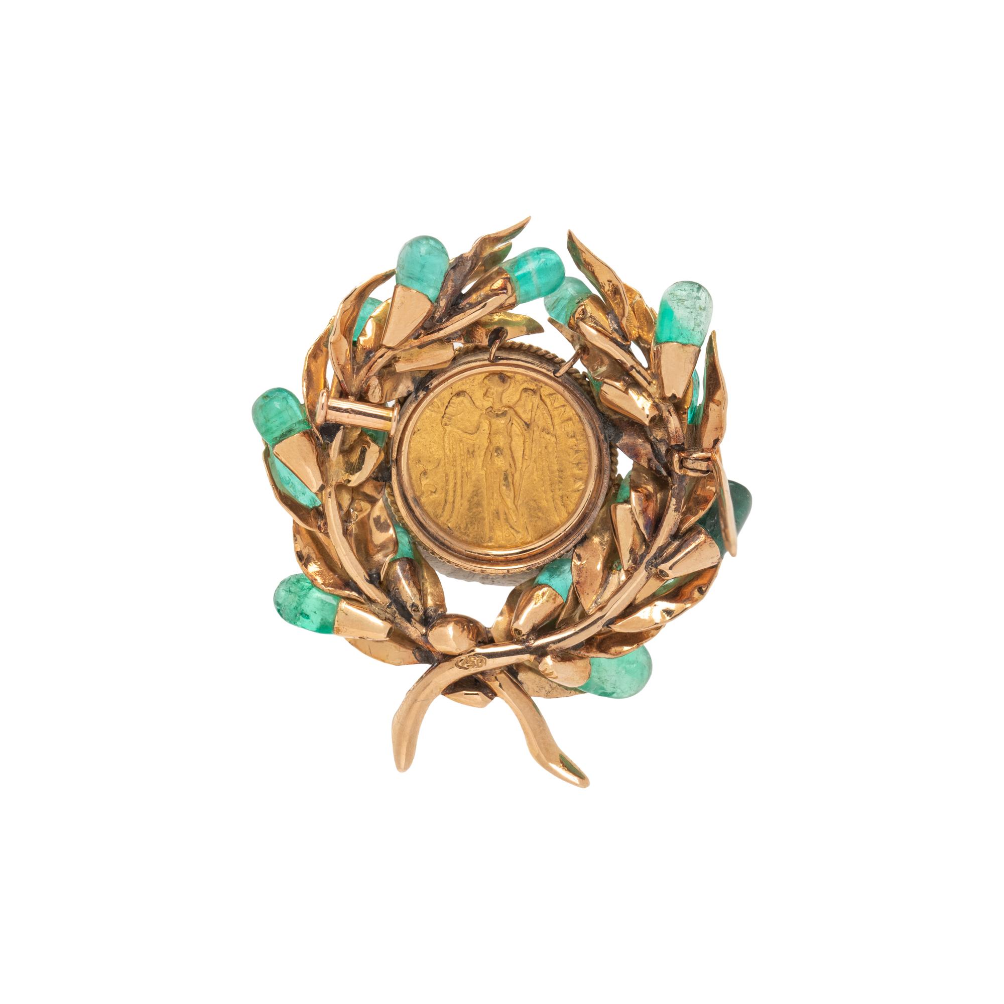 OWNED AND WORN BY JACQUELINE KENNEDY, EMERALD, YELLOW GOLD AND GREEK COIN BROOCH