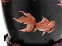A Pair of Chinese Porcelain Goldfish Jars with Wood Stands