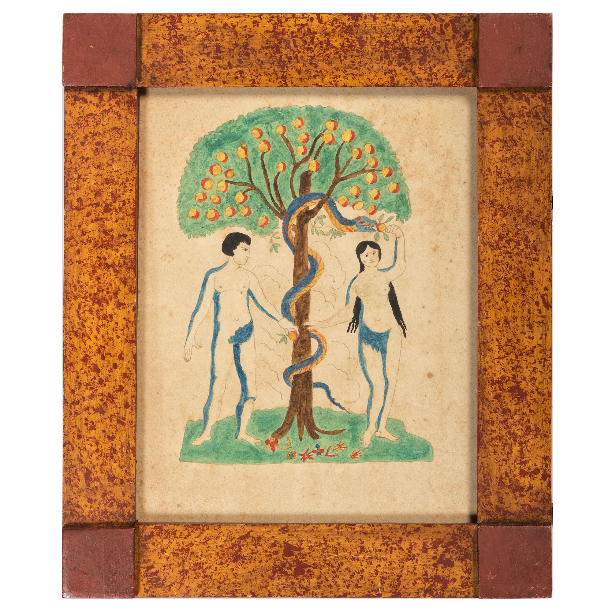 An Adam and Eve Watercolor in Painted Frame