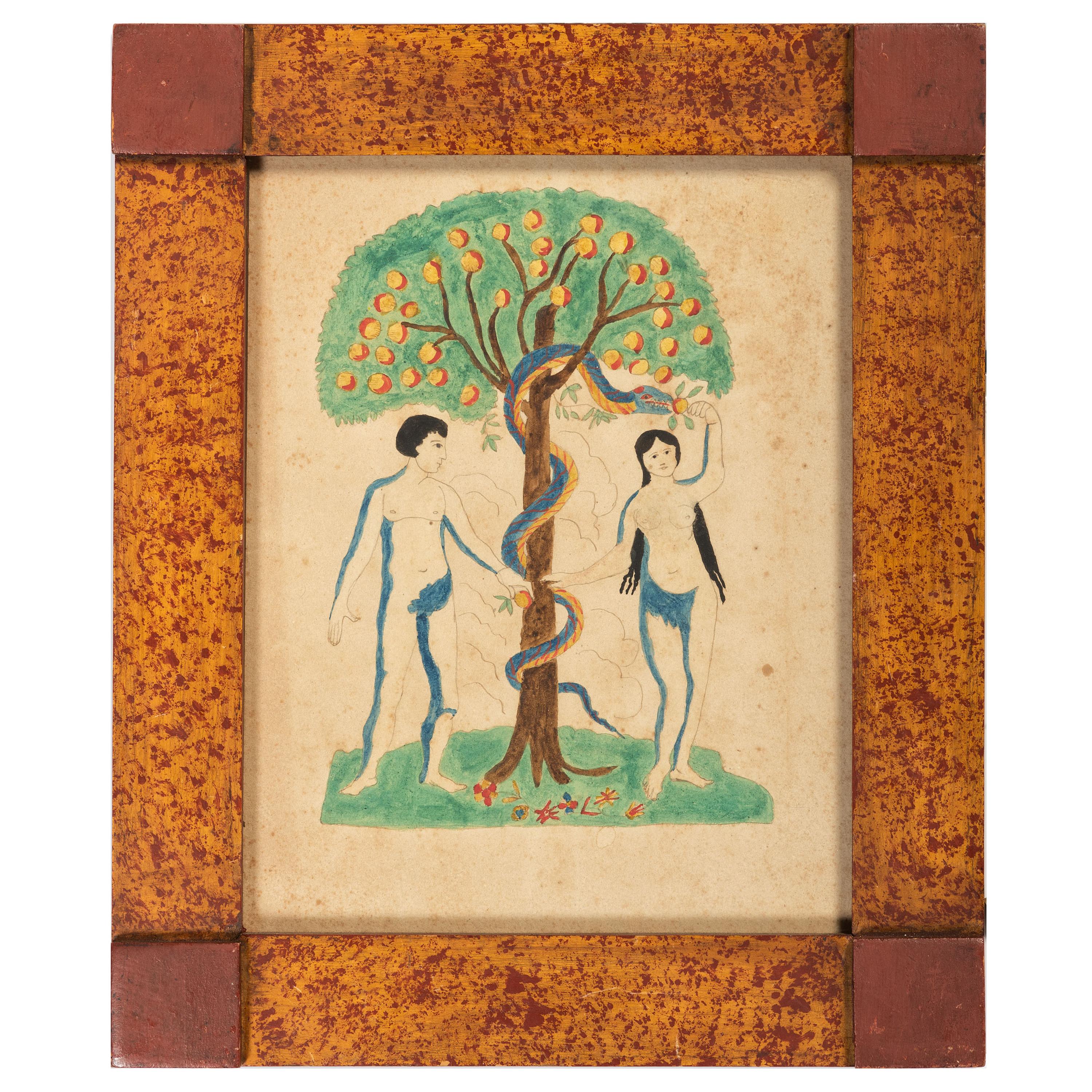An Adam and Eve Watercolor in Painted Frame