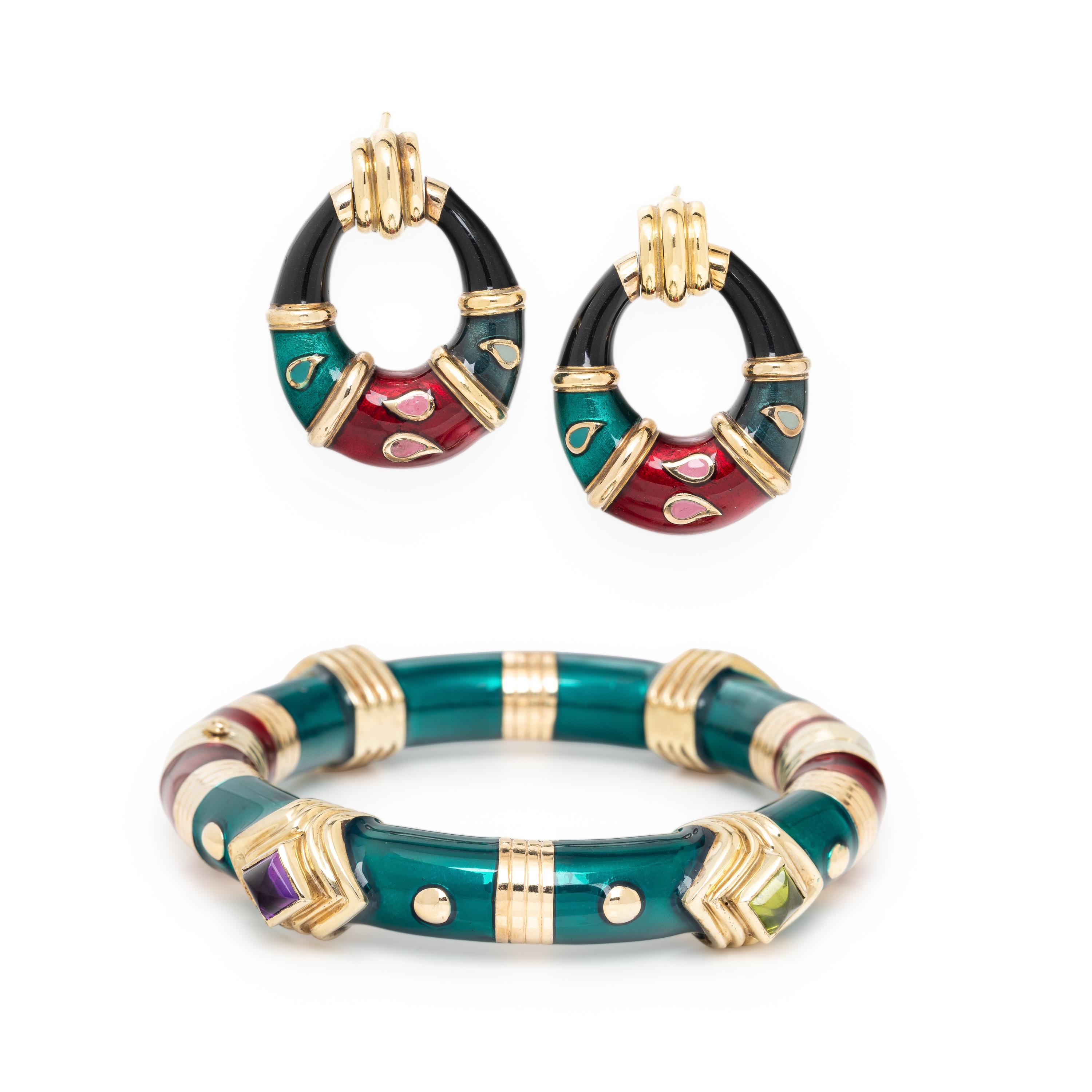 Enamel Earrings and Bangle Bracelet