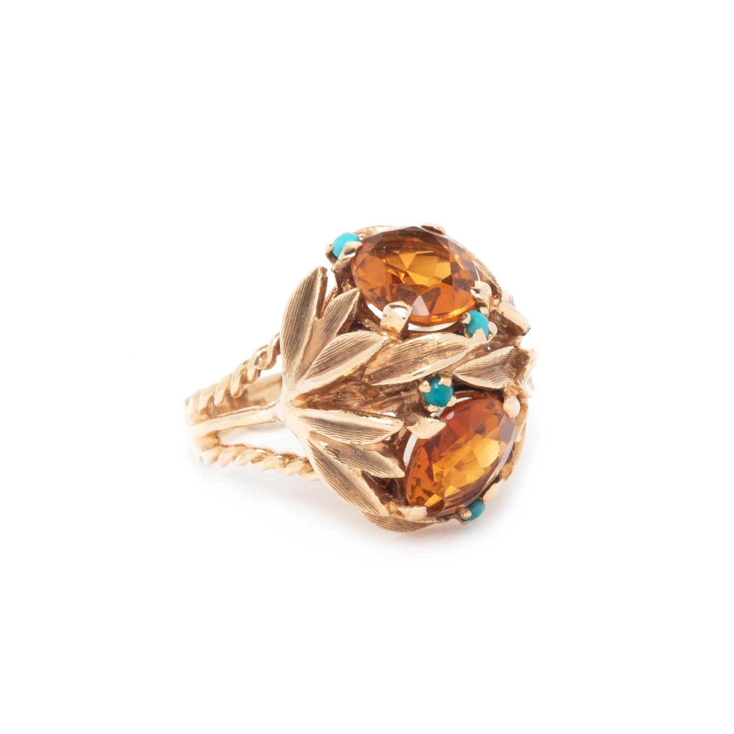 CITRINE, TURQUOISE, AND YELLOW GOLD RING