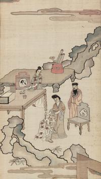 A Chinese Four-Fold Kesi Woven Silk Inset Hardwood Floor Screen, Late Qing/Republic Period 晚清/民國 紅木嵌緙絲人物故事圖四條屏