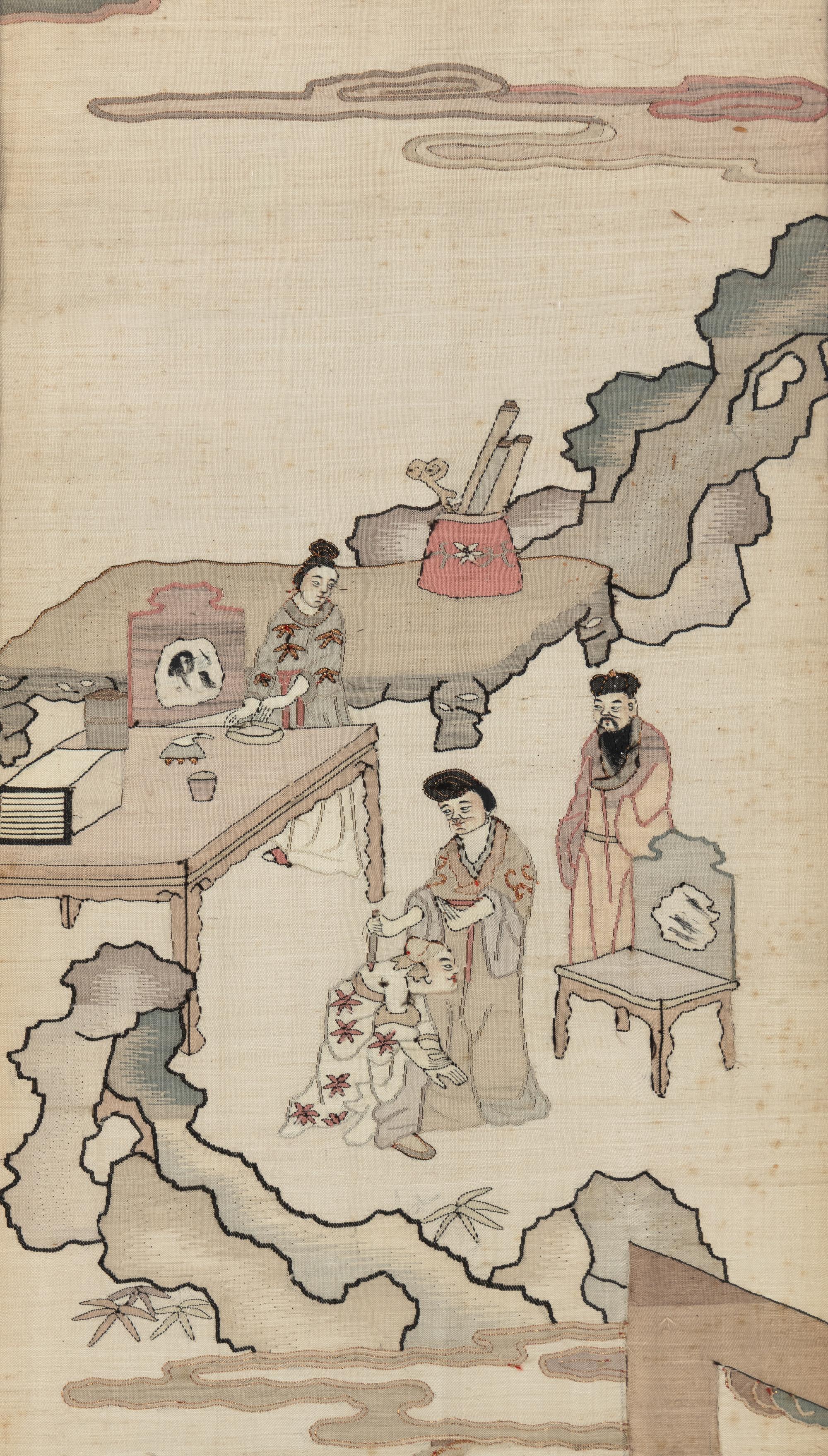 A Chinese Four-Fold Kesi Woven Silk Inset Hardwood Floor Screen, Late Qing/Republic Period 晚清/民國 紅木嵌緙絲人物故事圖四條屏