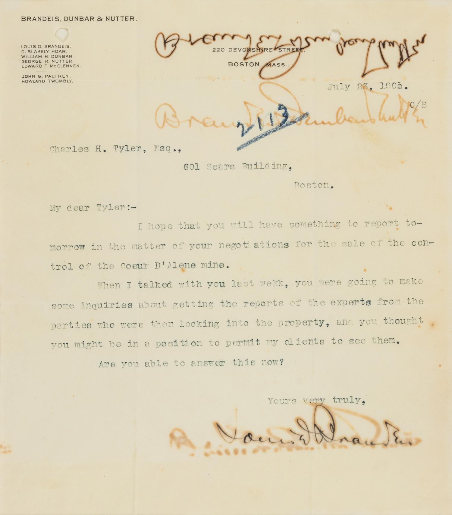 BRANDEIS, Louis Dembitz (1856-1941). Typed letter twice signed ("Louis D. Brandeis," "Brandeis, Dunbar & Nutter") to Charles H. Tyler. Boston, MA, 23 July 1901. 1 page, 4to, on Brandeis, Dunbar & Nutter letterhead, offsetting, toning, framed with a photographic print of Brandeis, not examined out of frame.
