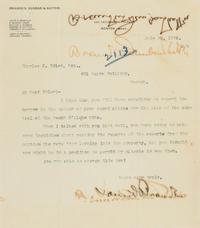 BRANDEIS, Louis Dembitz (1856-1941). Typed letter twice signed ("Louis D. Brandeis," "Brandeis, Dunbar & Nutter") to Charles H. Tyler. Boston, MA, 23 July 1901. 1 page, 4to, on Brandeis, Dunbar & Nutter letterhead, offsetting, toning, framed with a photographic print of Brandeis, not examined out of frame.