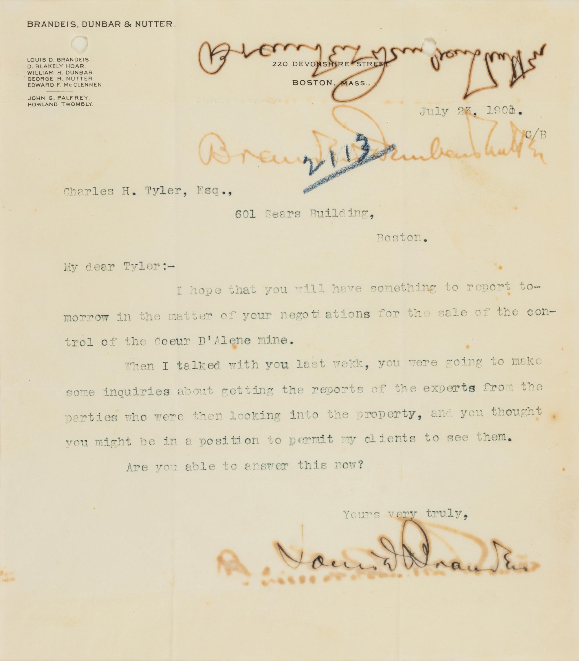 BRANDEIS, Louis Dembitz (1856-1941). Typed letter twice signed ("Louis D. Brandeis," "Brandeis, Dunbar & Nutter") to Charles H. Tyler. Boston, MA, 23 July 1901. 1 page, 4to, on Brandeis, Dunbar & Nutter letterhead, offsetting, toning, framed with a photographic print of Brandeis, not examined out of frame.