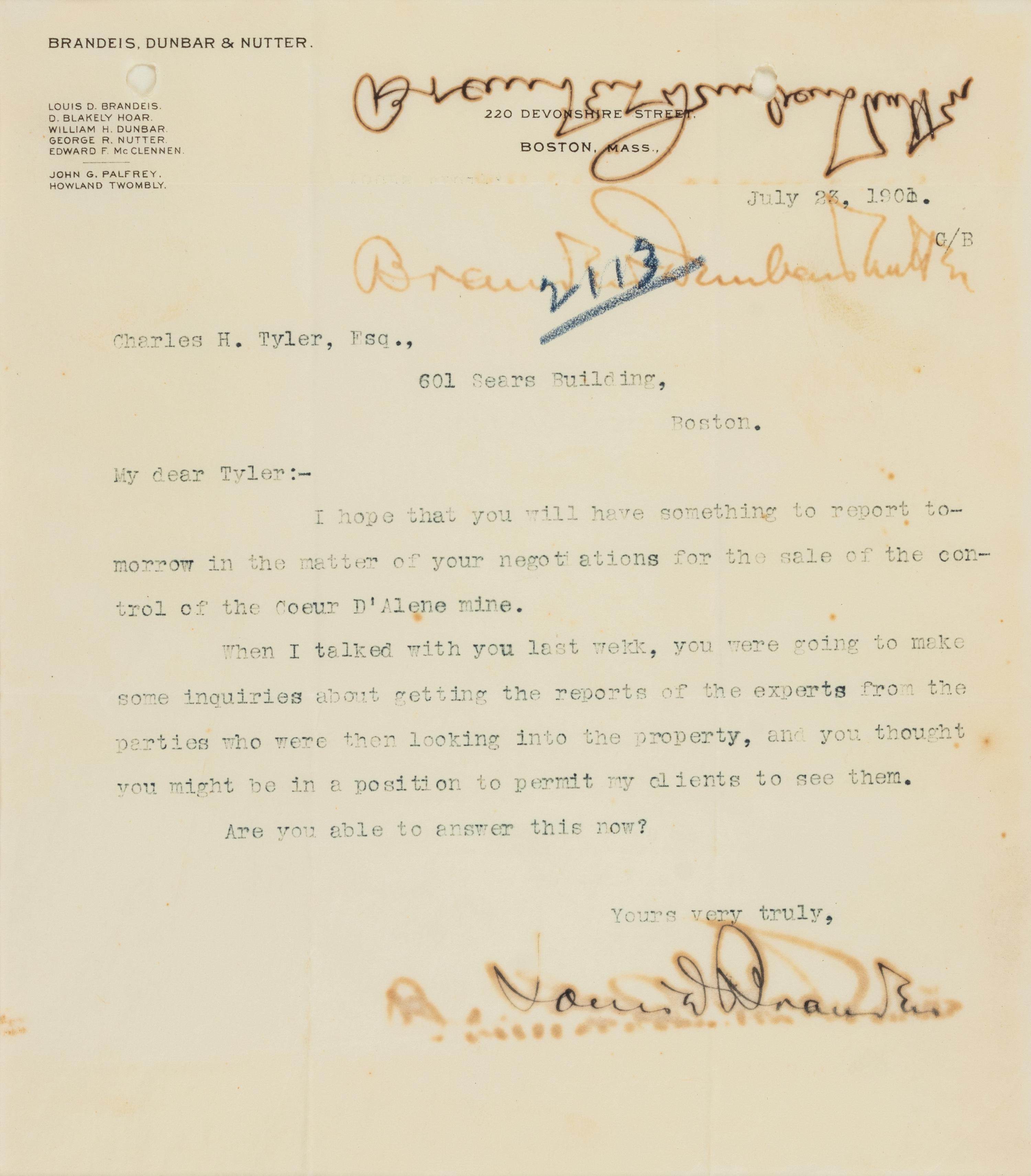 BRANDEIS, Louis Dembitz (1856-1941). Typed letter twice signed ("Louis D. Brandeis," "Brandeis, Dunbar & Nutter") to Charles H. Tyler. Boston, MA, 23 July 1901. 1 page, 4to, on Brandeis, Dunbar & Nutter letterhead, offsetting, toning, framed with a photographic print of Brandeis, not examined out of frame.
