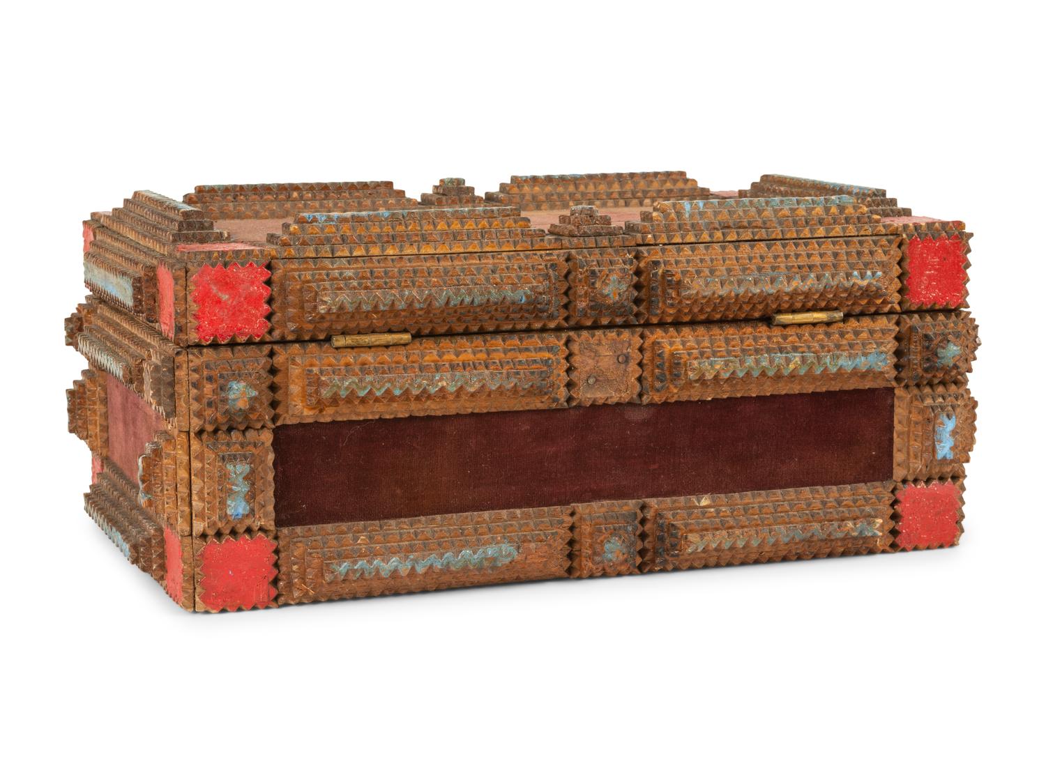 A Painted Wood and Velvet Tramp Art Box