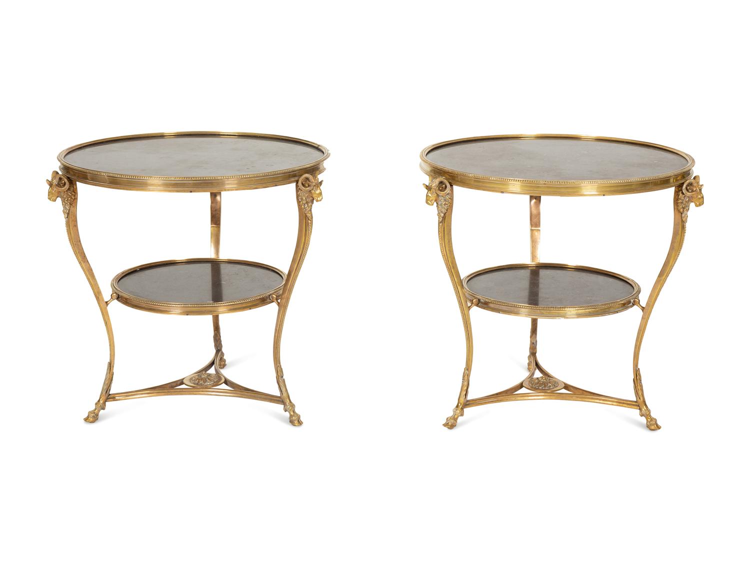 A Pair of Gilt Metal and Black Marble Two Tier Gueridon Tables — 20th Century