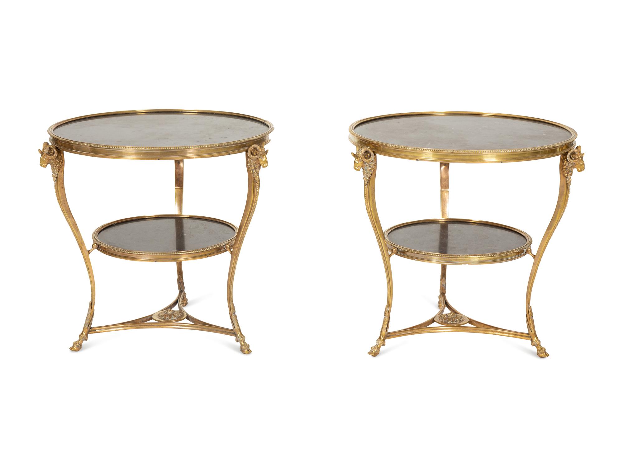 A Pair of Gilt Metal and Black Marble Two Tier Gueridon Tables — 20th Century