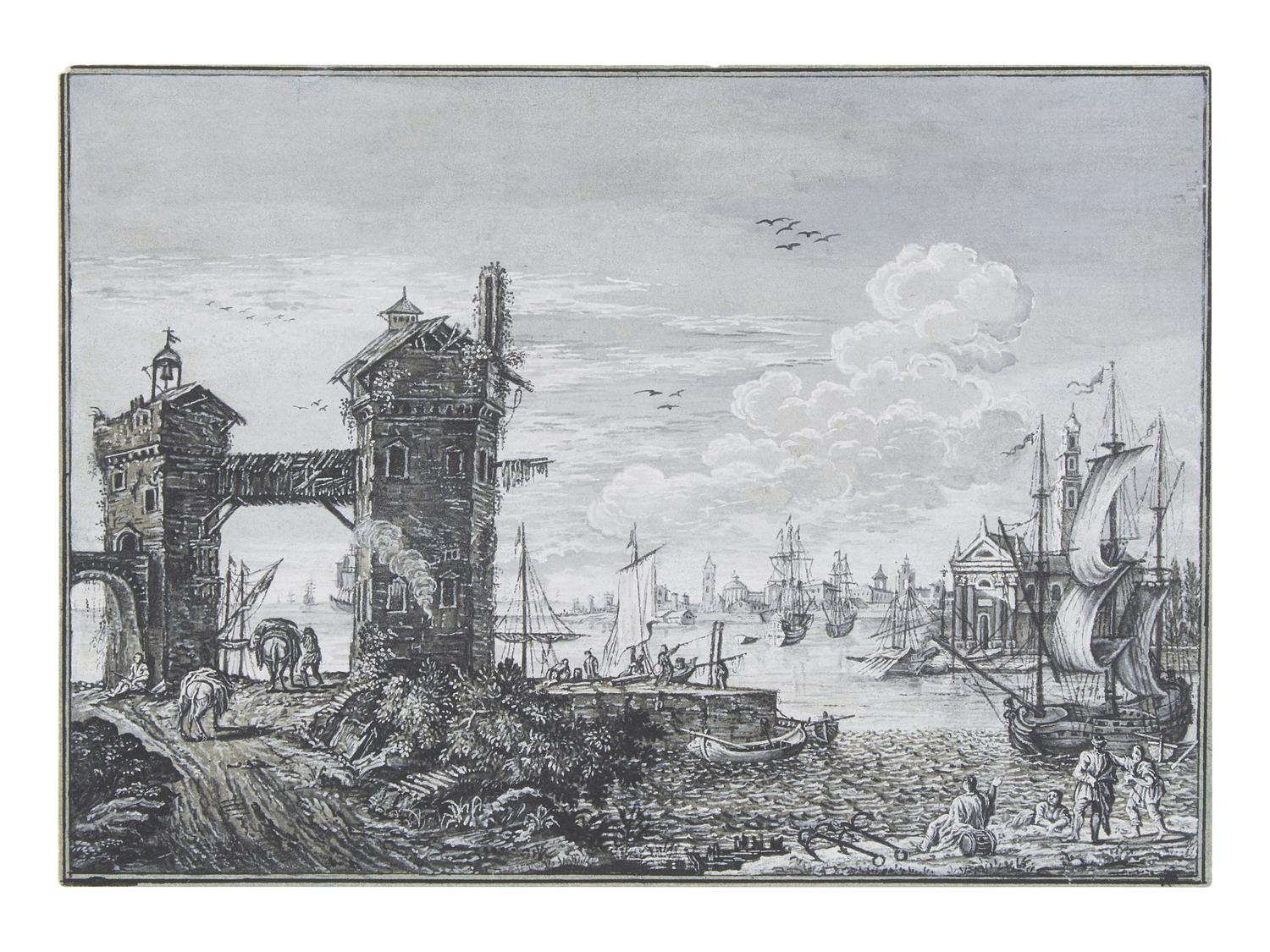 Harbor scene with two towers and various ships, a city in the background