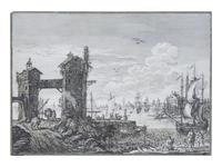 Harbor scene with two towers and various ships, a city in the background