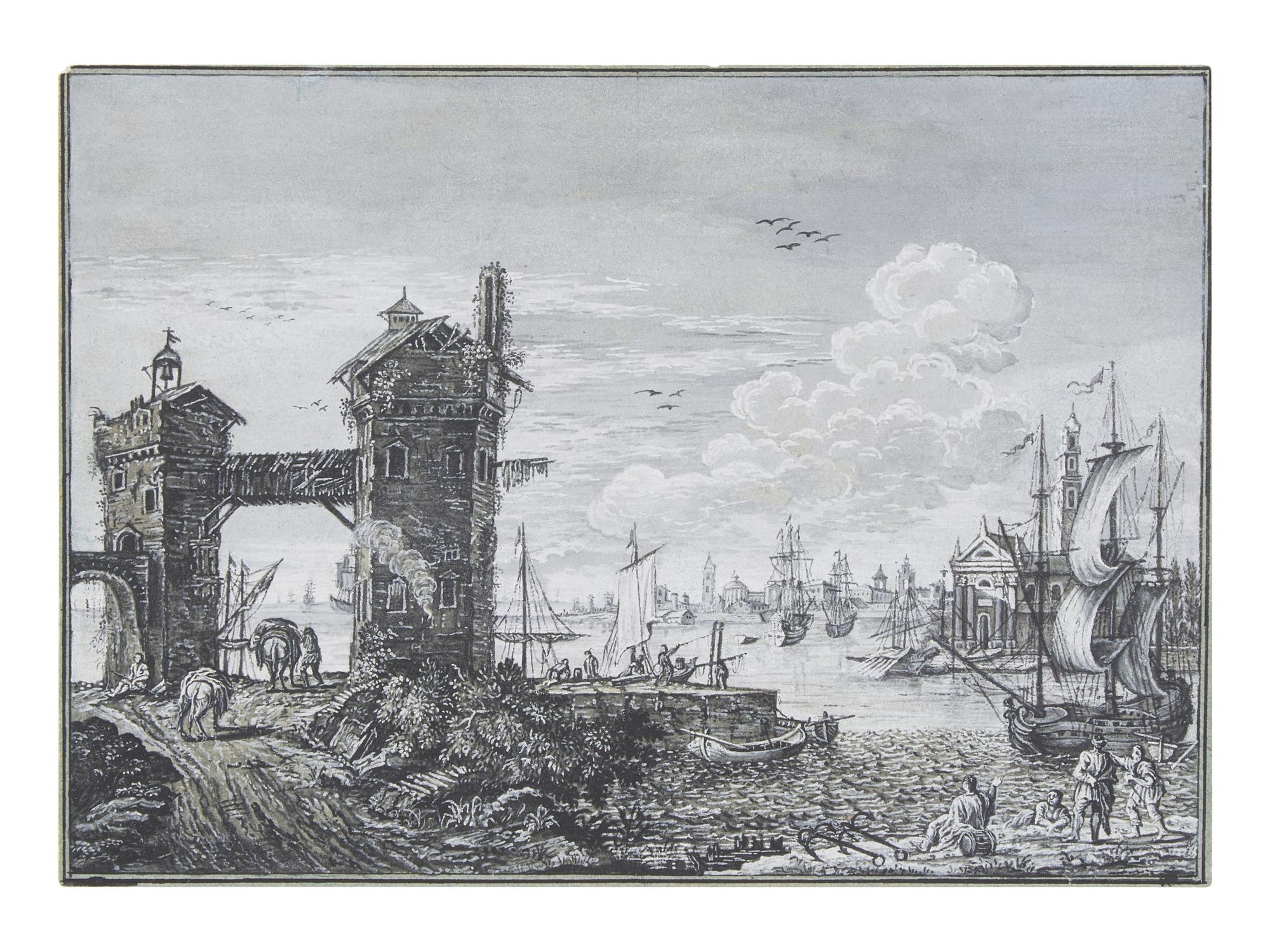 Harbor scene with two towers and various ships, a city in the background