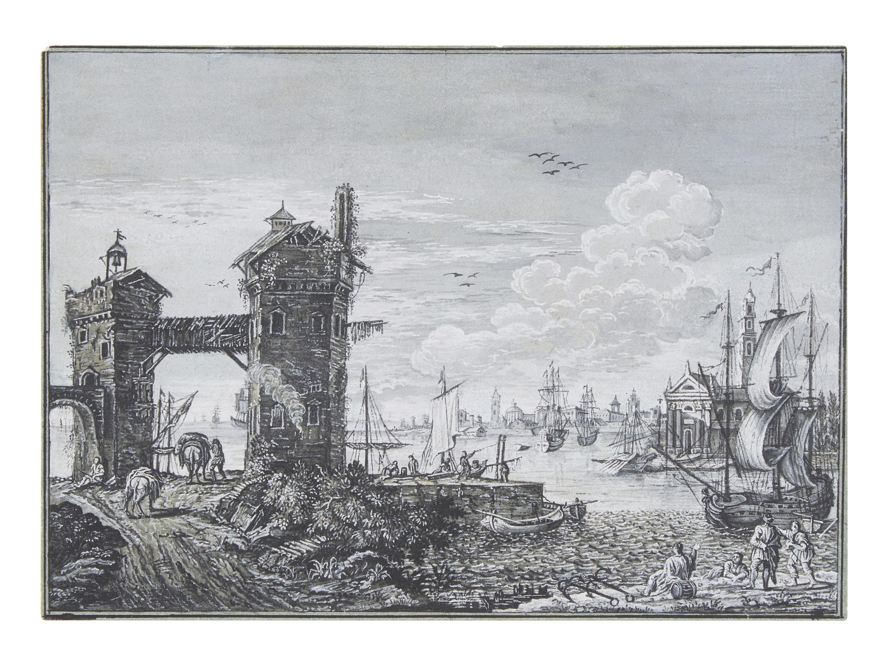 Harbor scene with two towers and various ships, a city in the background