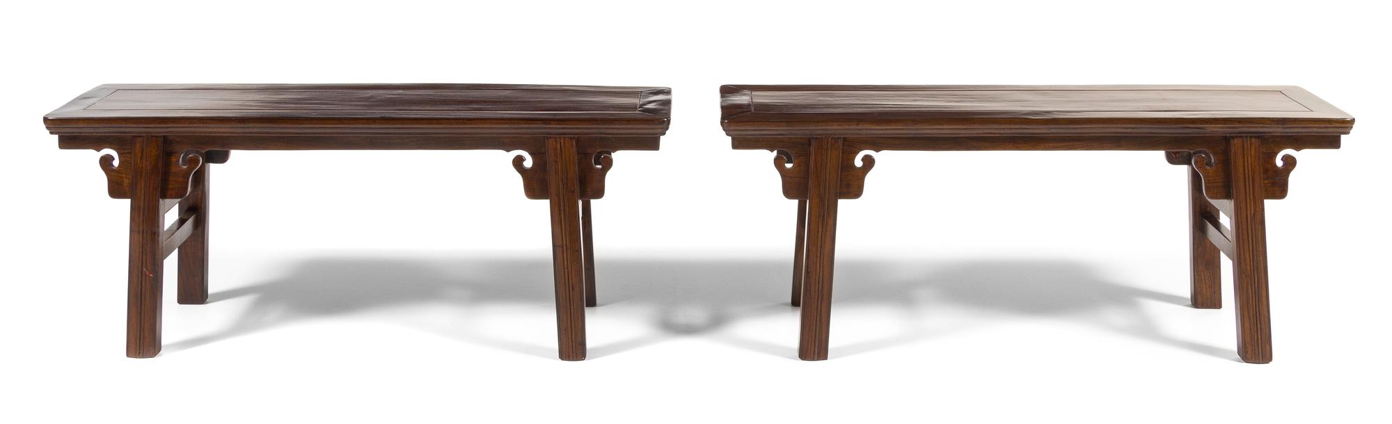 A Pair of Small Chinese Hardwood Benches, Tiaodeng Height 17 x width 42 1/2 x depth 11 1/2 inches. — 19TH CENTURY