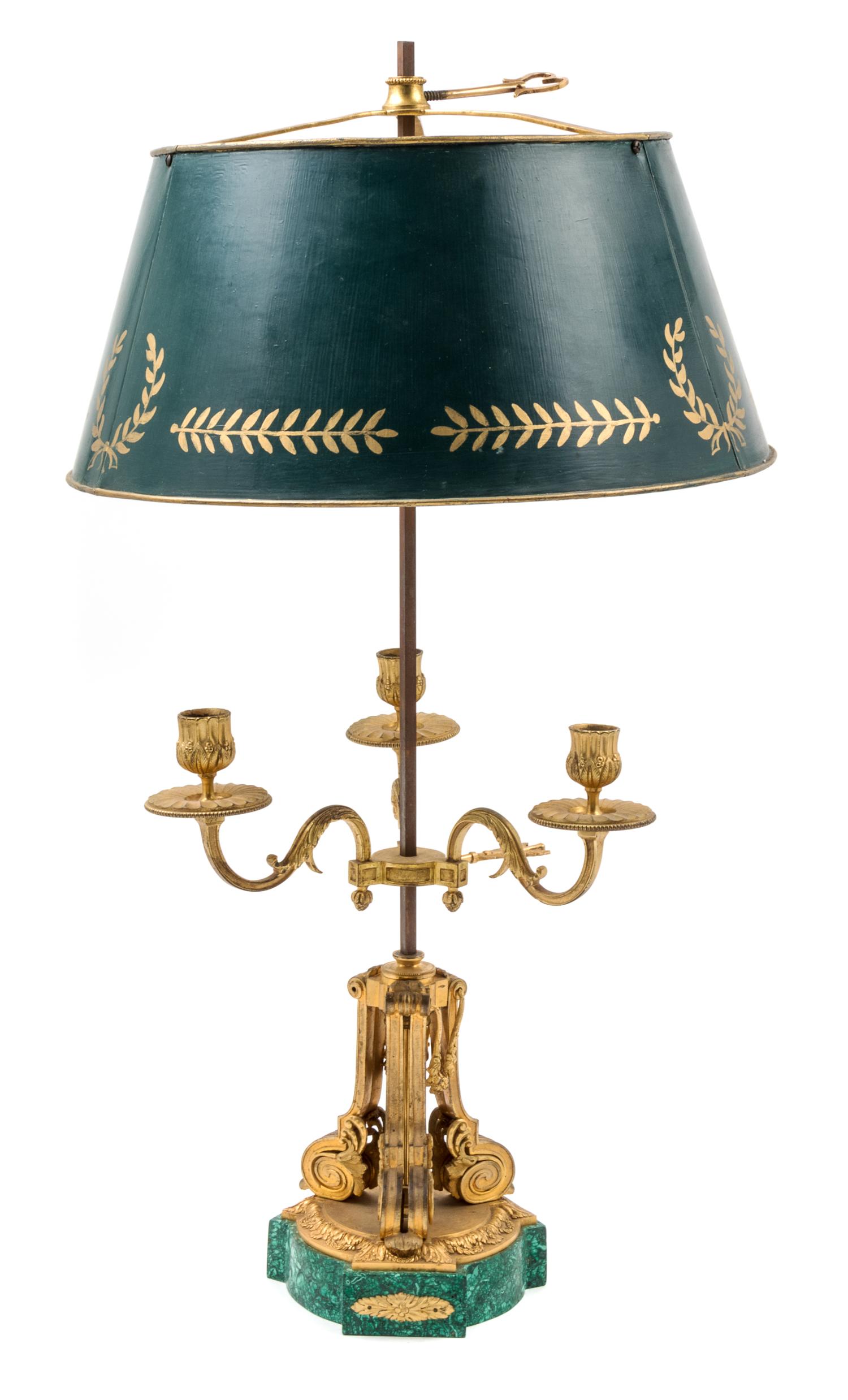 A Louis XVI Style Malachite and Gilt Bronze Bouilotte Lamp Height 25 inches. — 19TH/20TH CENTURY