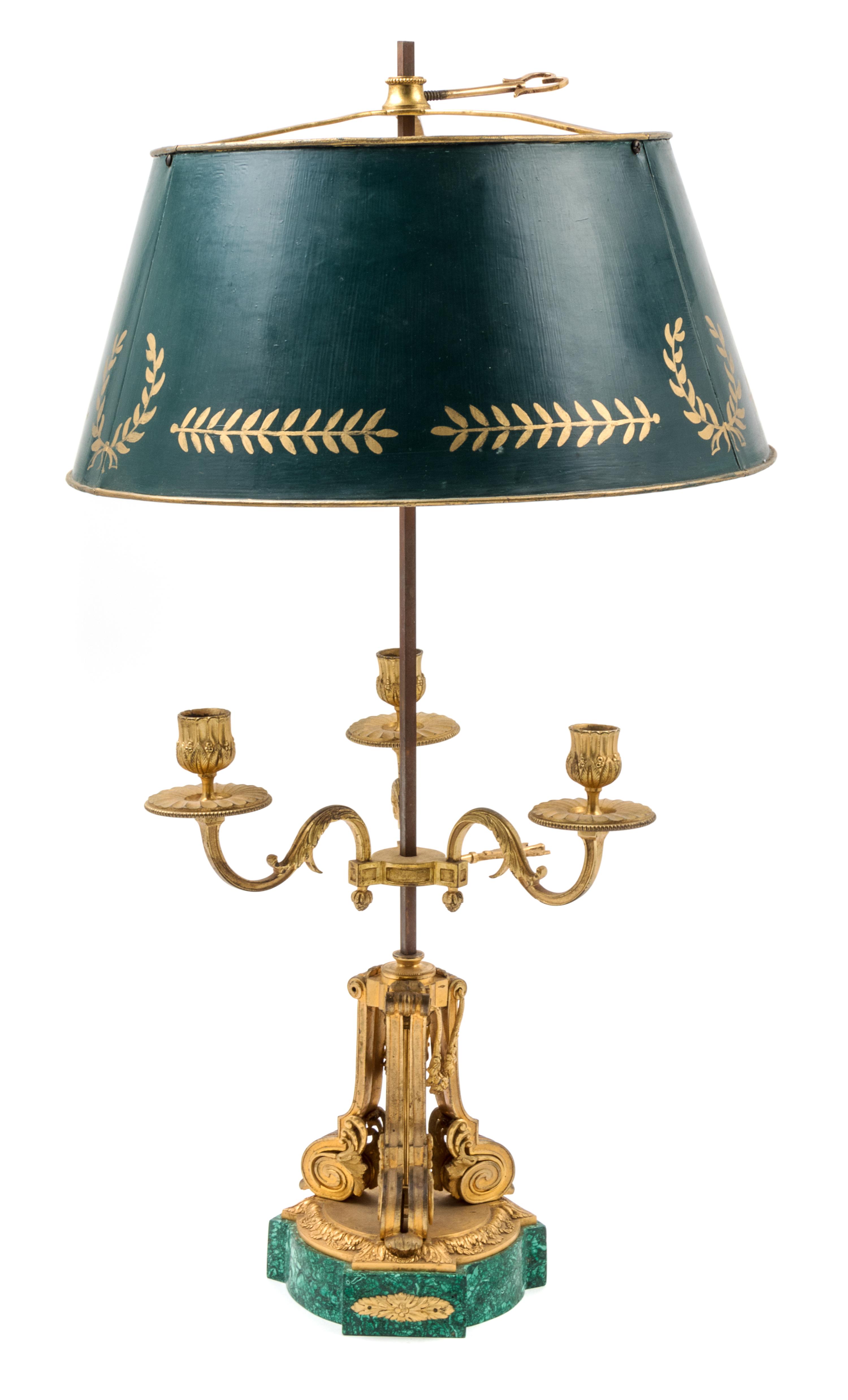 A Louis XVI Style Malachite and Gilt Bronze Bouilotte Lamp Height 25 inches. — 19TH/20TH CENTURY