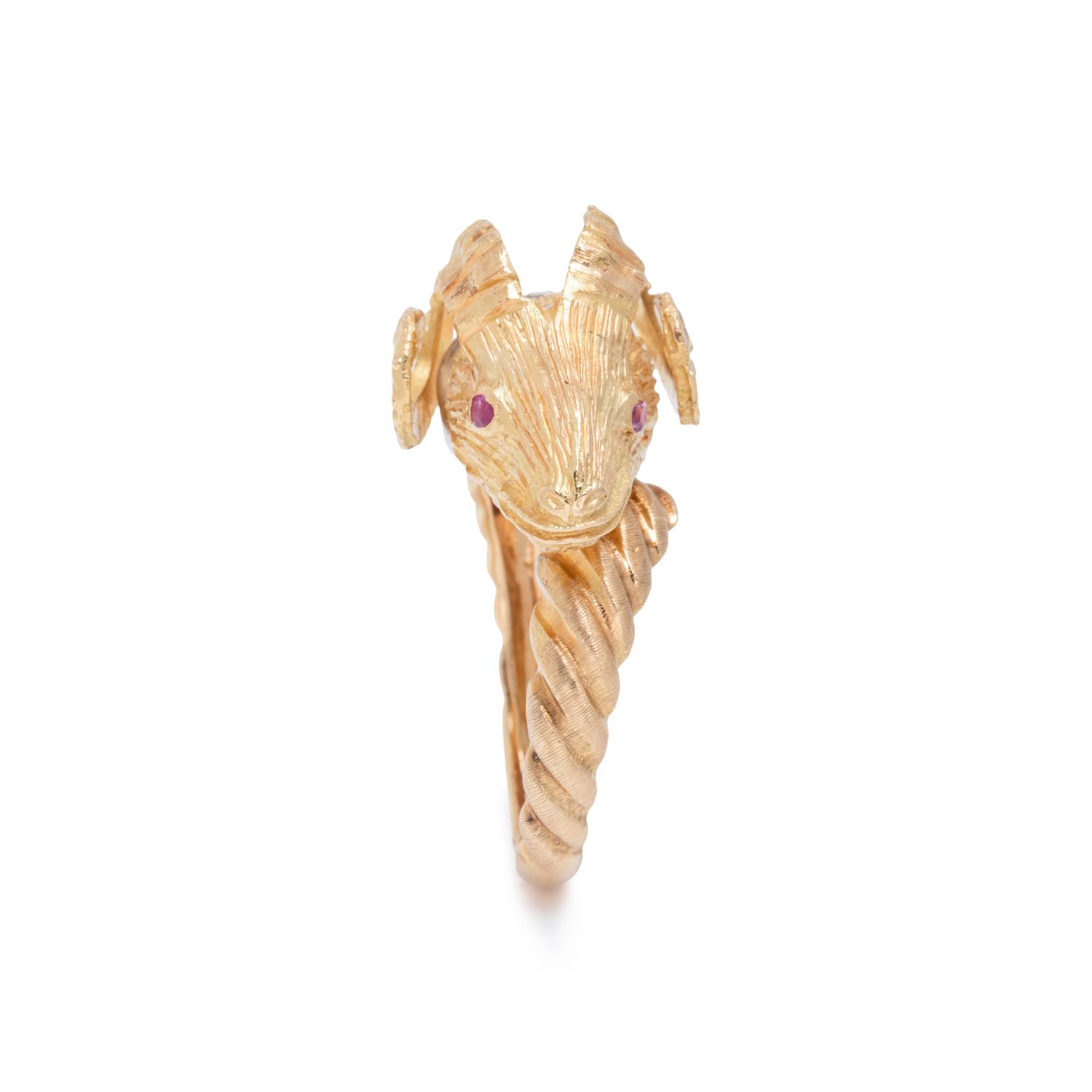 LALAOUNIS, YELLOW GOLD AND RUBY RAM'S HEAD RING