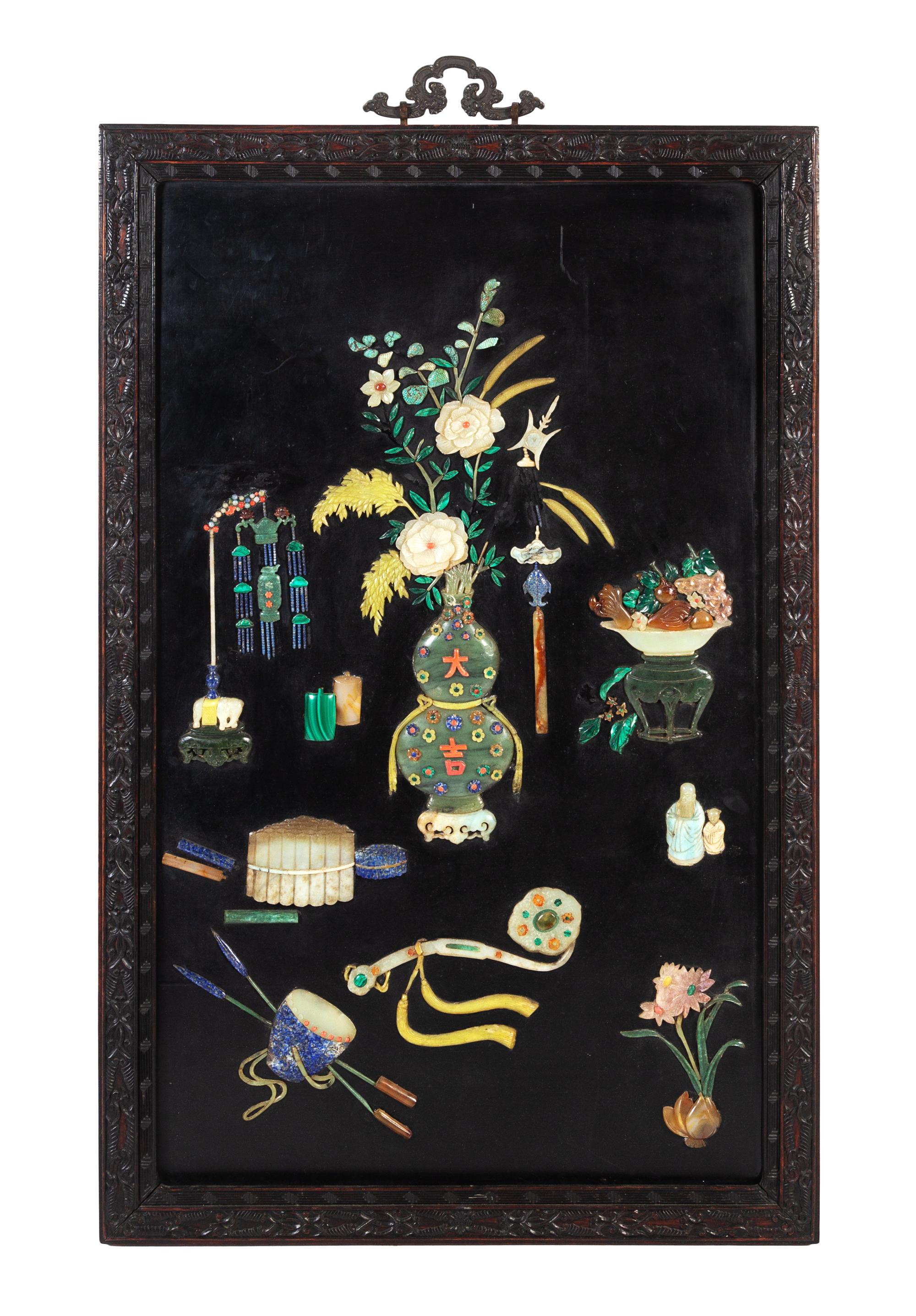 A Chinese Hardstone Inset Black Lacquered Rosewood Wall Panel