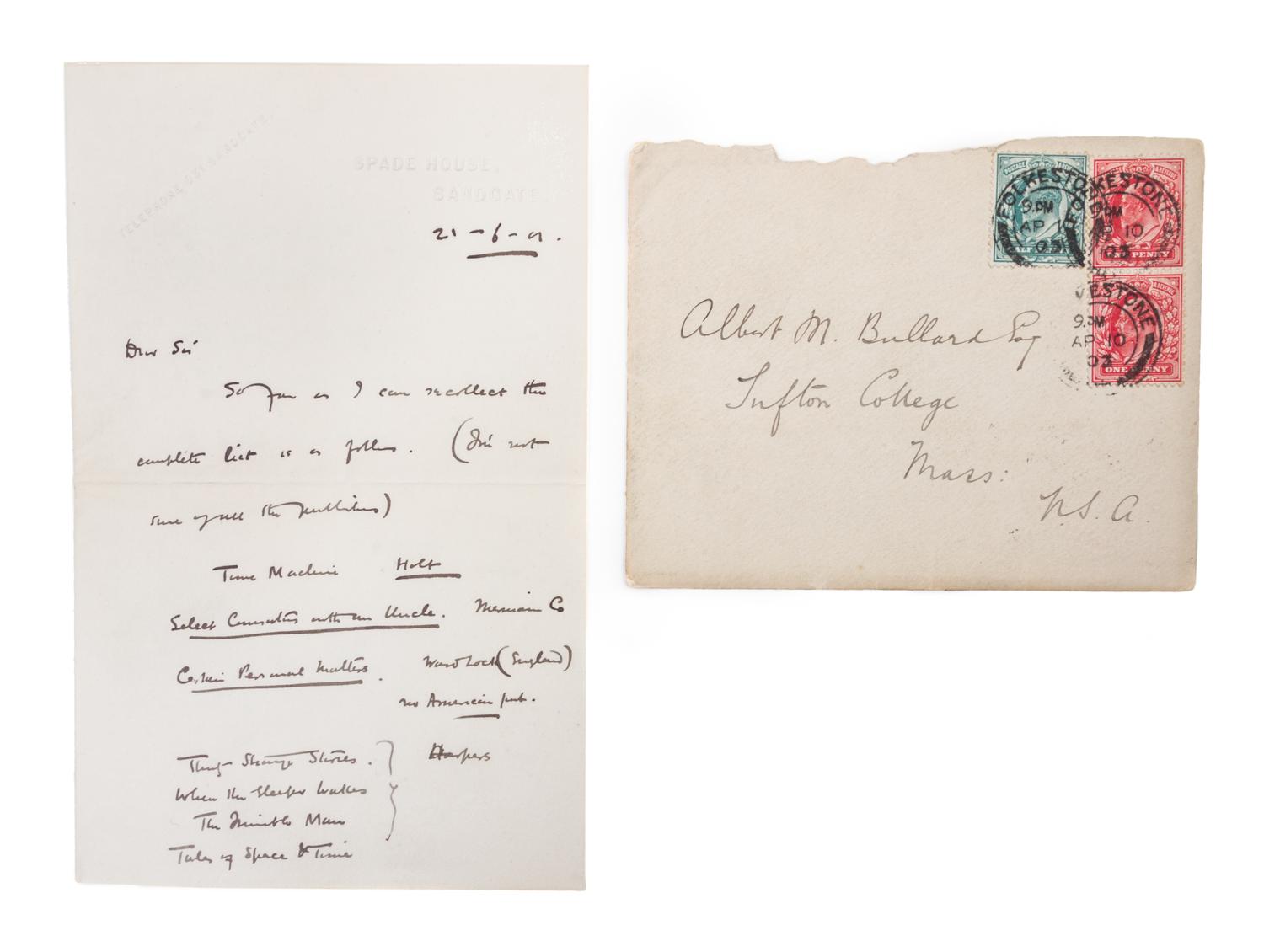 WELLS, H. G. Autographed letter signed, 1903. To Albert M. Buard of Lufton College.