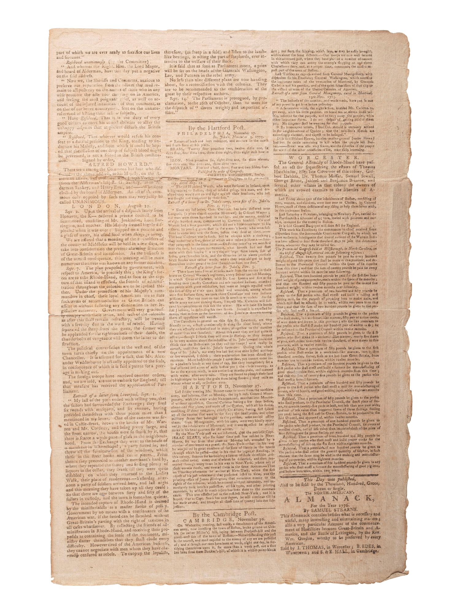 [REVOLUTIONARY WAR]. Thomas' Massachusetts Spy . Vol. V, No. 249. Worcester, MA, 1 December 1775.