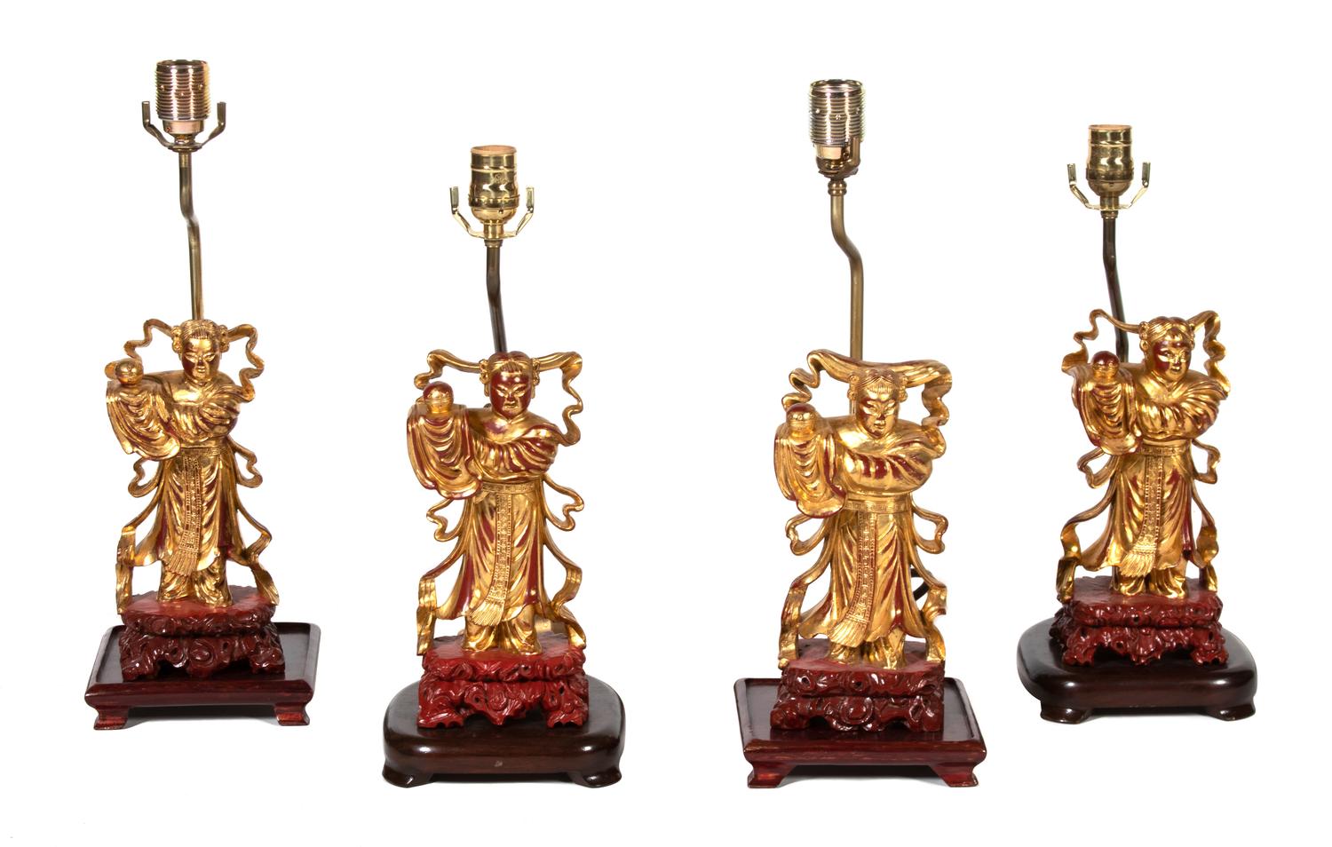 Two Pairs of Chinese Carved Giltwood Figures Mounted as Lamps — 20TH CENTURY