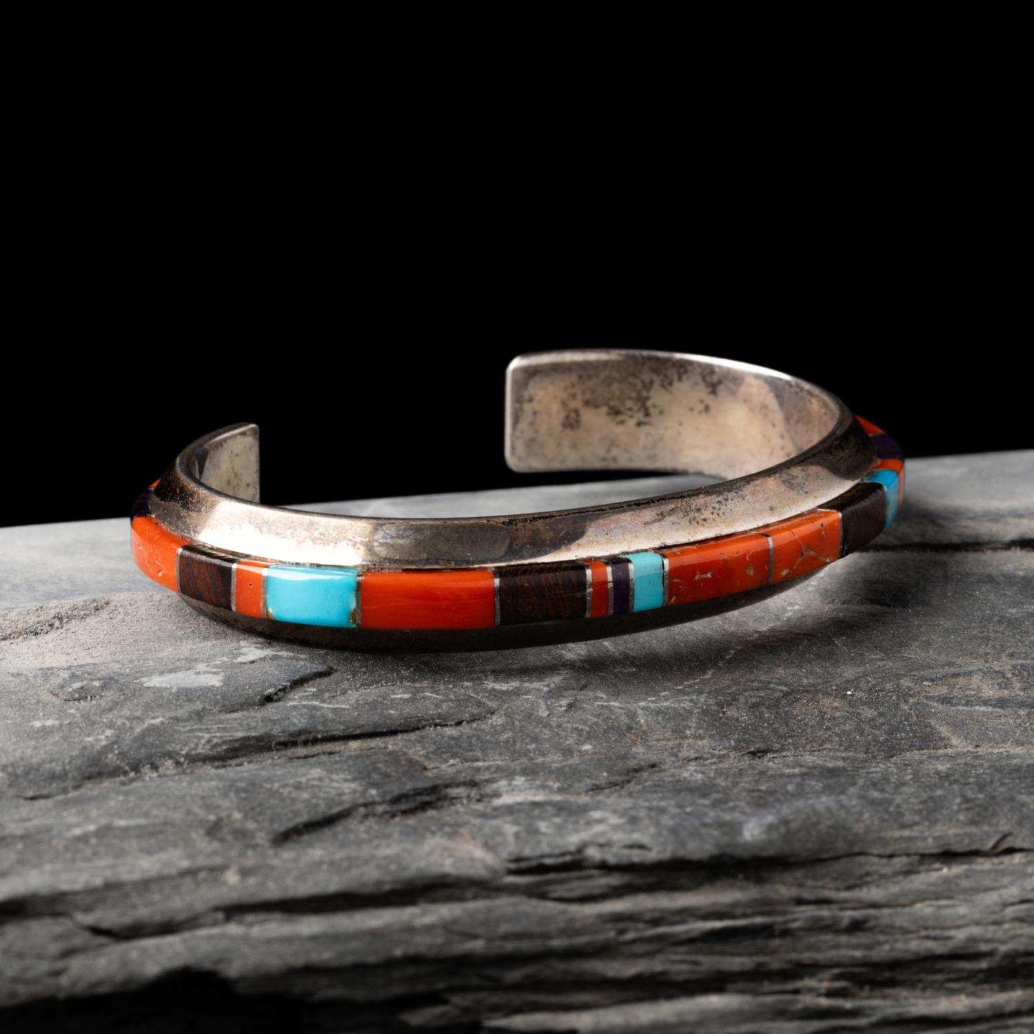 Wes Willie (Diné, b. 1957) — Sterling Silver and Cobblestone Inlay Cuff Bracelet