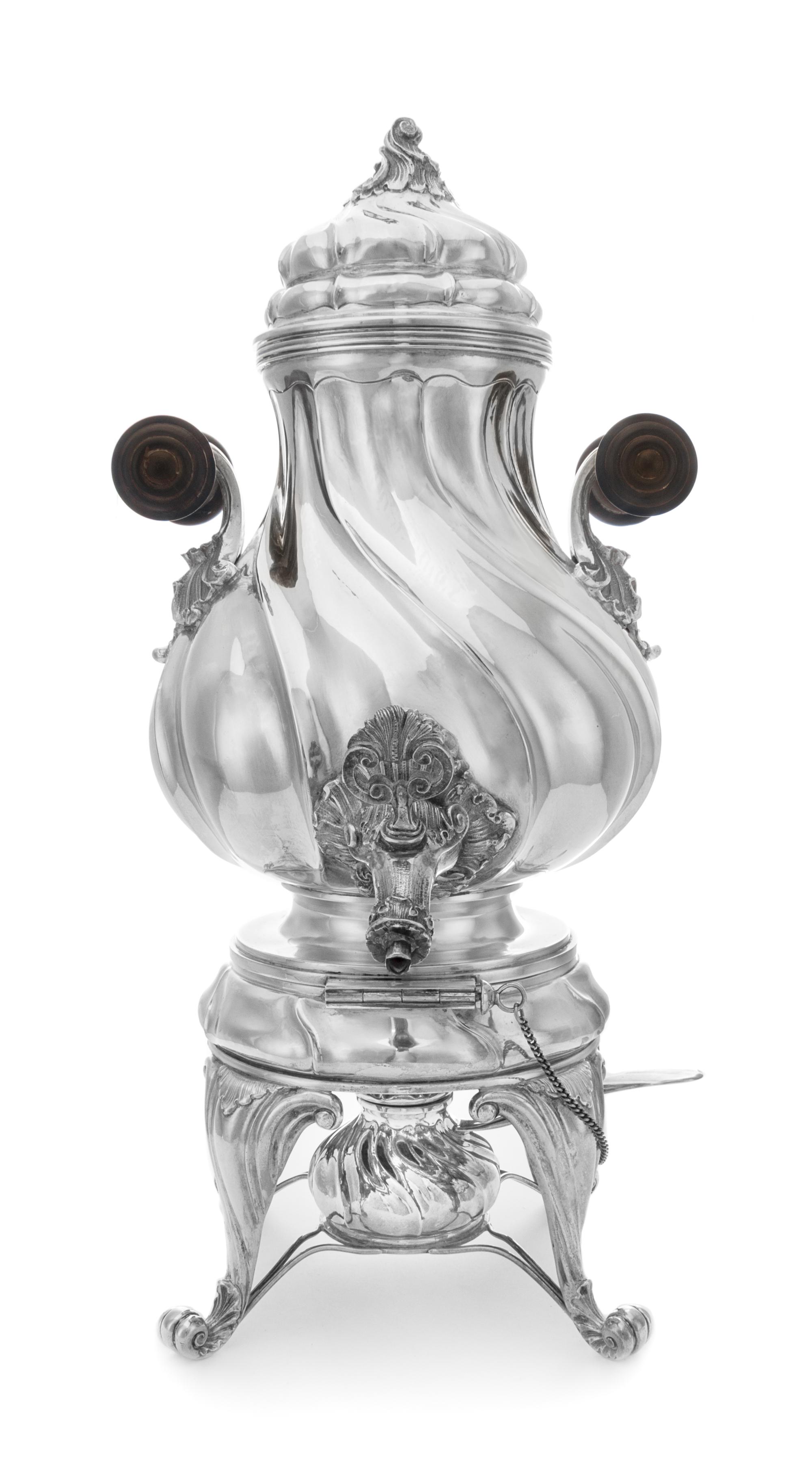 An Italian Silver Kettle on Lamp Stand, Buccellati, Milan, Second Half 20th Century, of twisted baluster form, with foliate handles hav