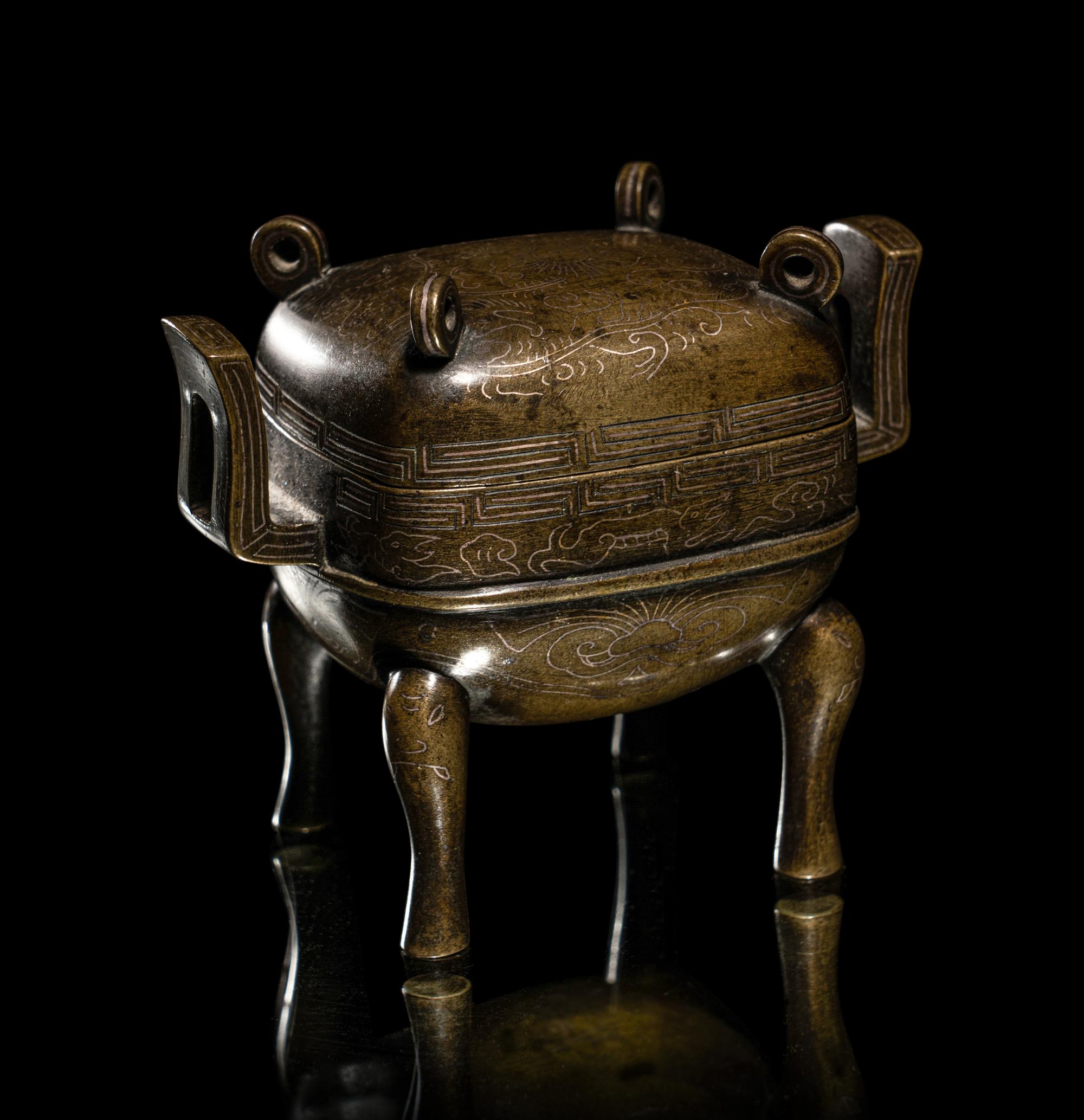 A Mini Silver Wire Inset Bronze Incense Burner