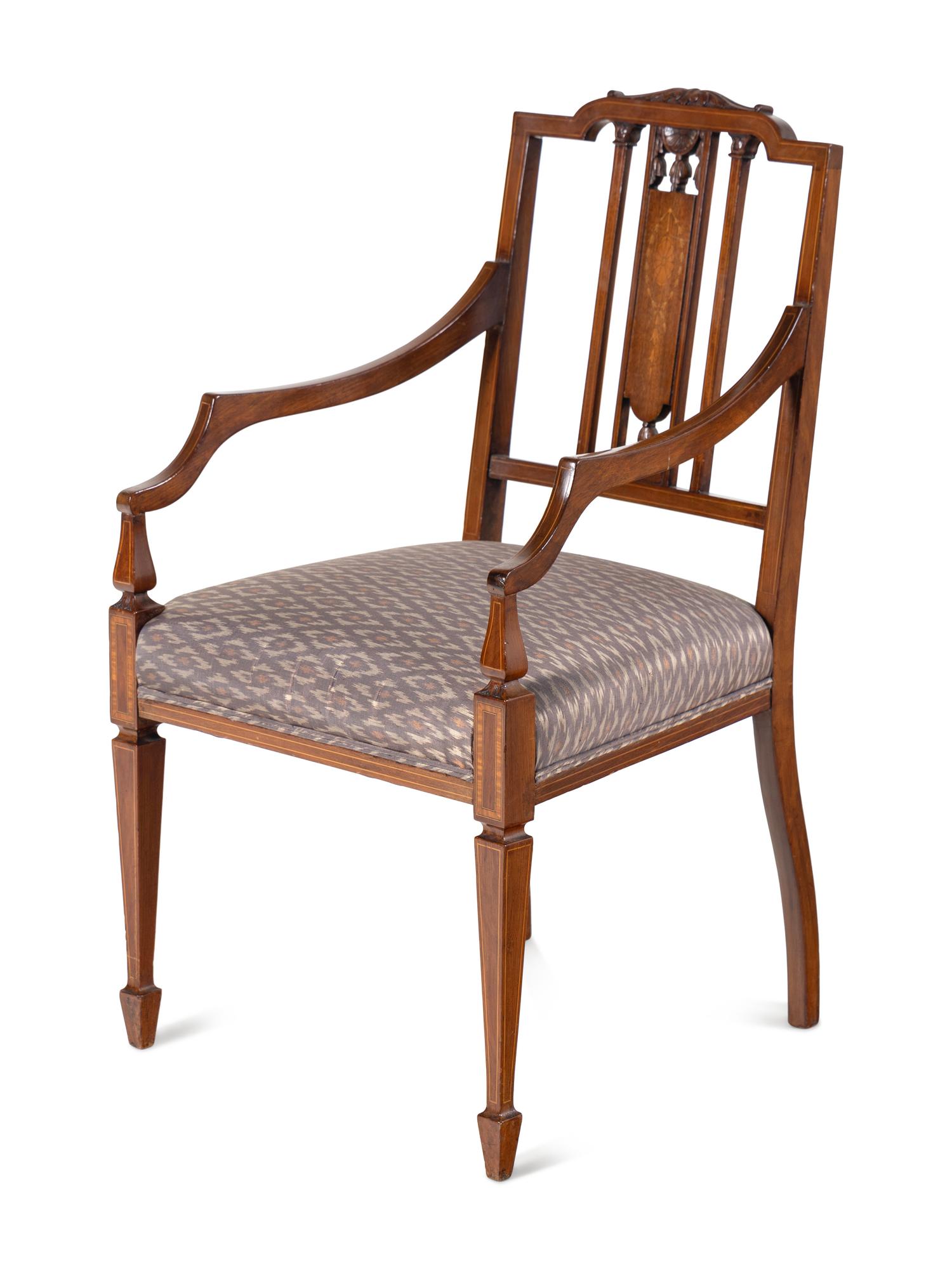 A Pair of Edwardian Mahogany and Marquetry Armchairs