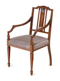 A Pair of Edwardian Mahogany and Marquetry Armchairs