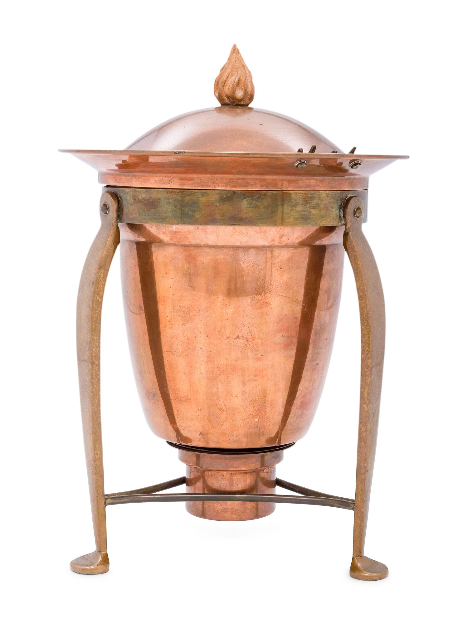An American Brass, Copper and Aluminum Tureen with Lid and Stand