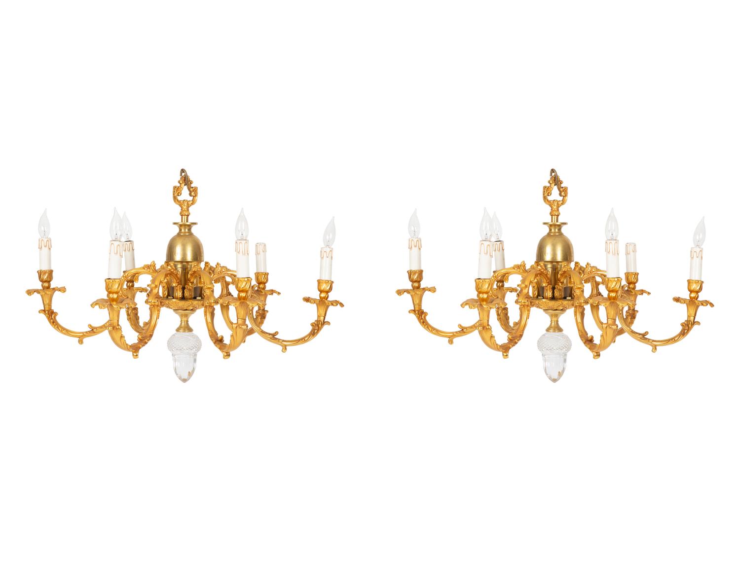 A Pair of Louis XV Style Gilt-Bronze Six Light Chandeliers — 20th Century