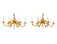 A Pair of Louis XV Style Gilt-Bronze Six Light Chandeliers — 20th Century