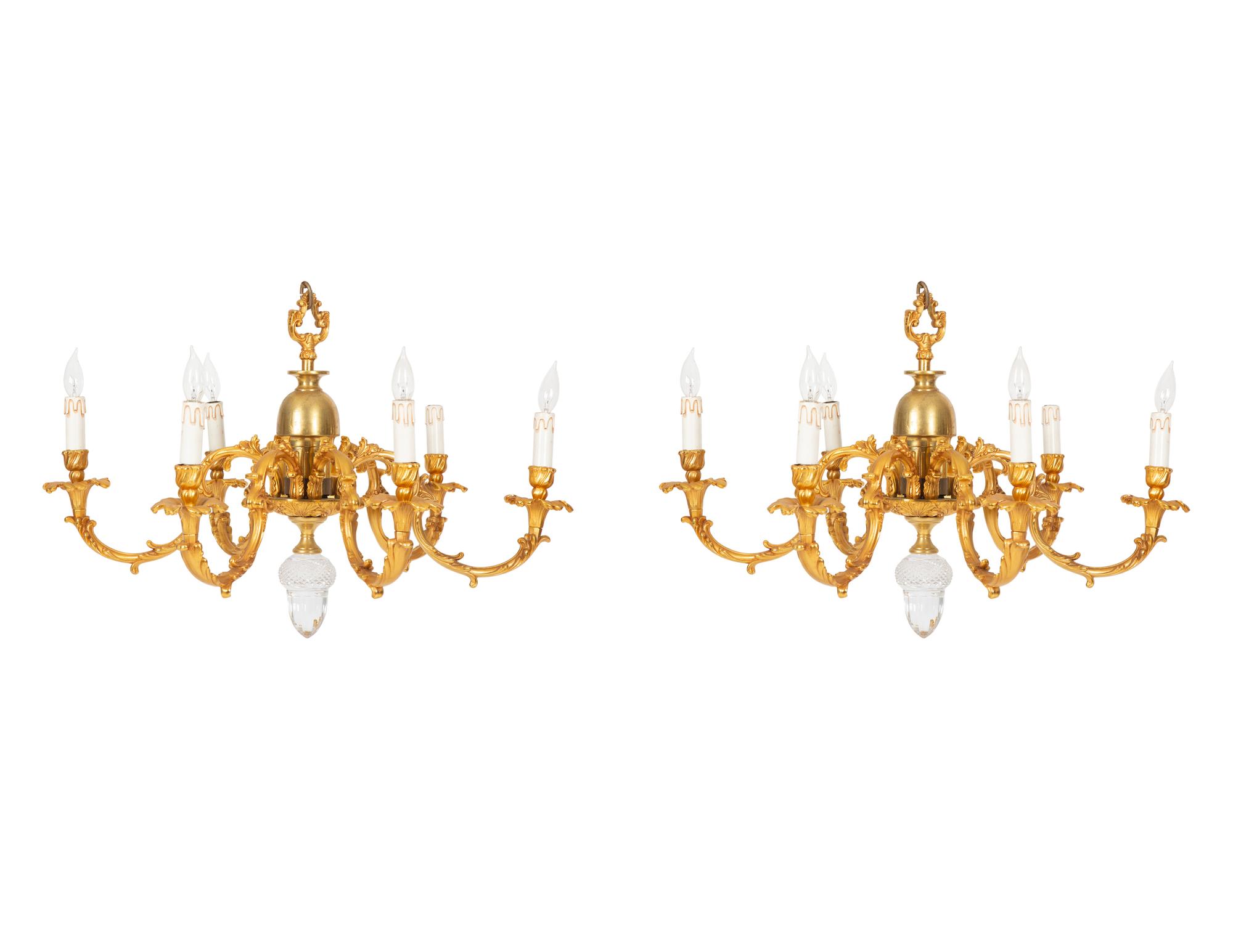 A Pair of Louis XV Style Gilt-Bronze Six Light Chandeliers — 20th Century