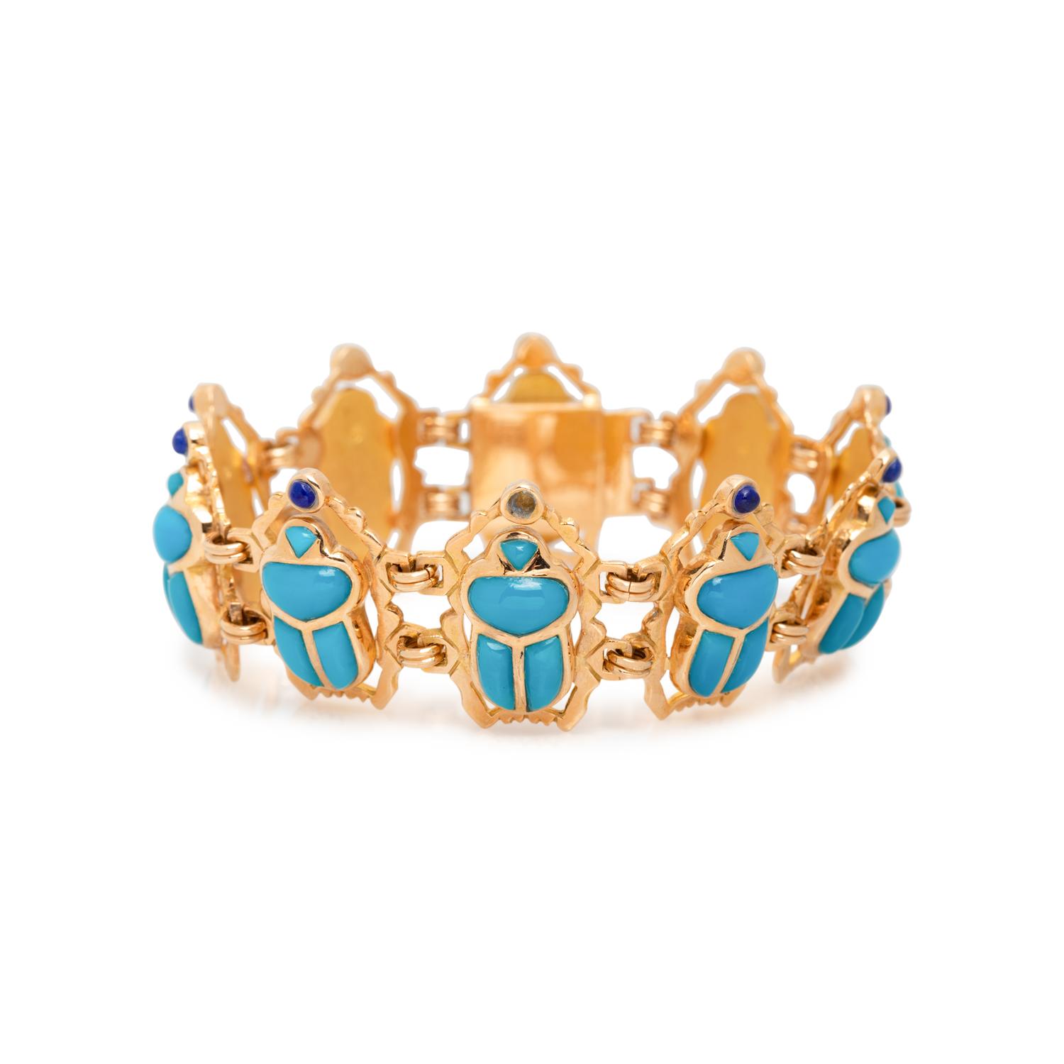 YELLOW GOLD, TREATED TURQUOISE AND LAPIS LAZULI SCARAB BRACELET